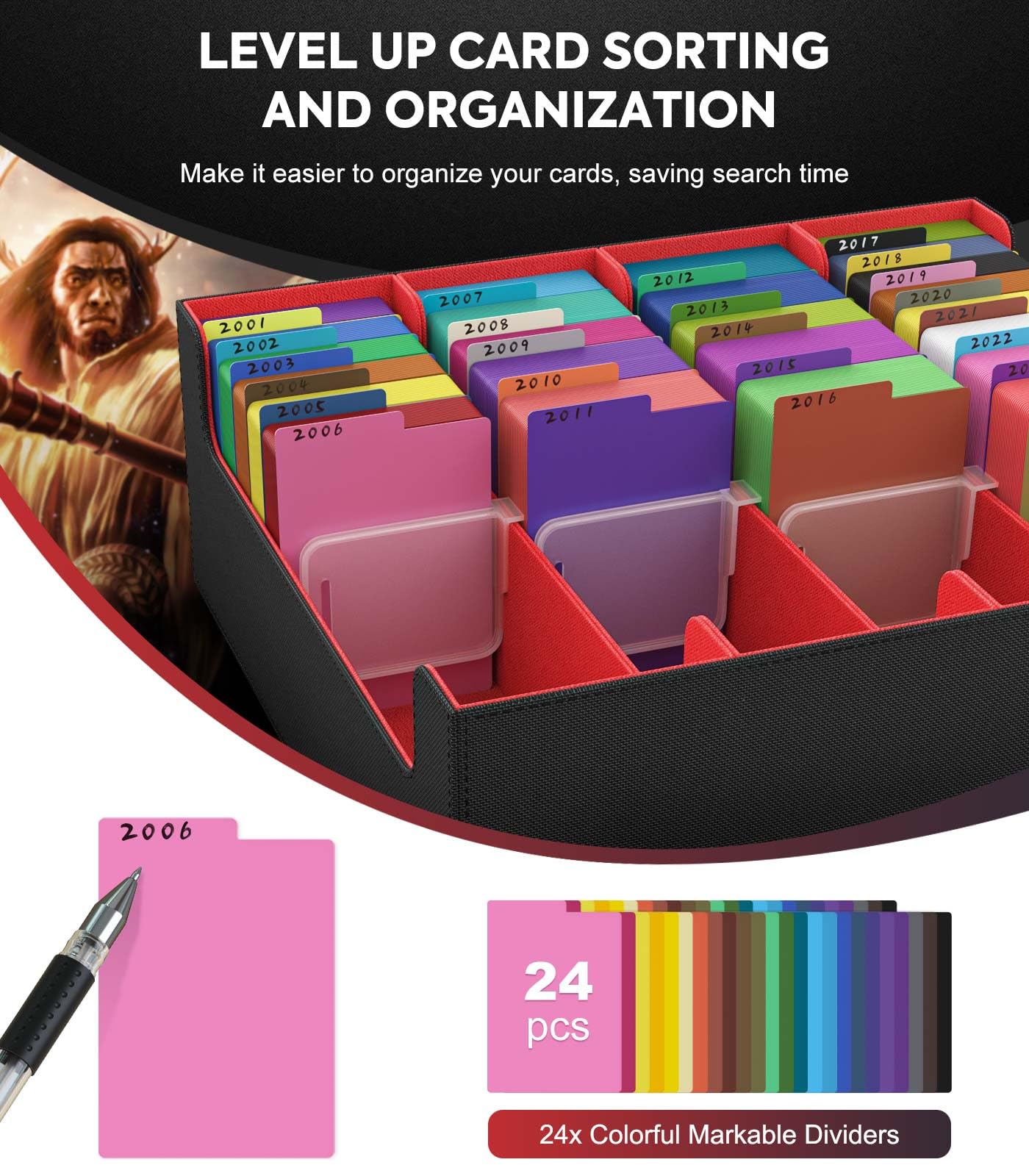 MoKo Trading Card Storage Box — 3000+ Cards, 24 Dividers, 4 Card Supporters, Magnetic Closure, Fits MTG & Yu-Gi-Oh! – Black Red