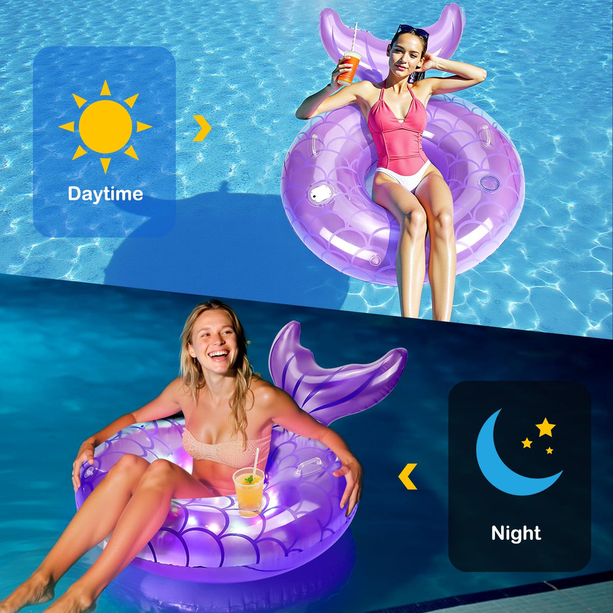 MoKo 42-Inch Mermaid Tail LED Pool Float with Cup Holder & Handles