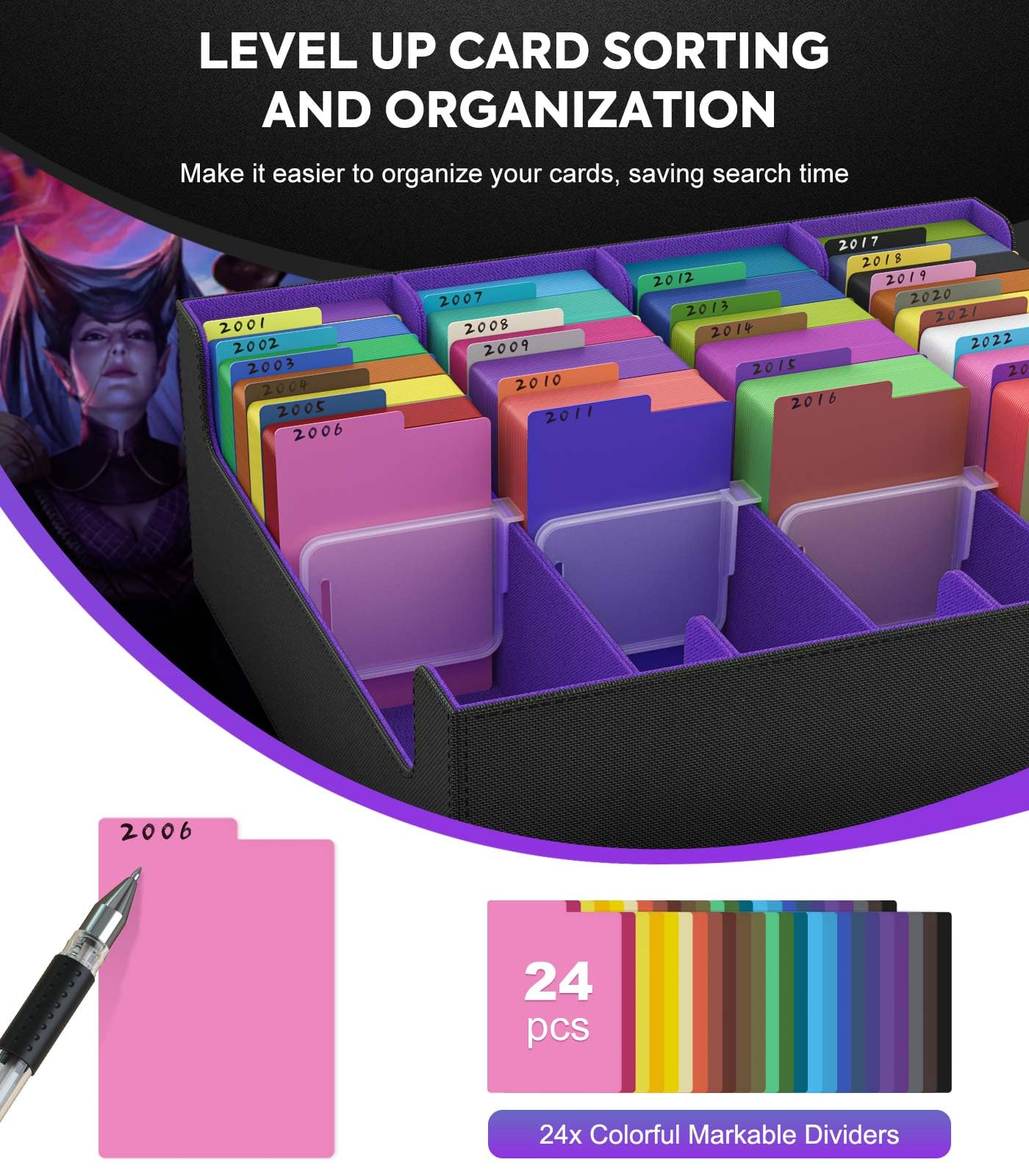 MoKo Trading Card Storage Box – 3000+ Capacity, 4-Row Deck Box with 24 Dividers & Magnetic Closure