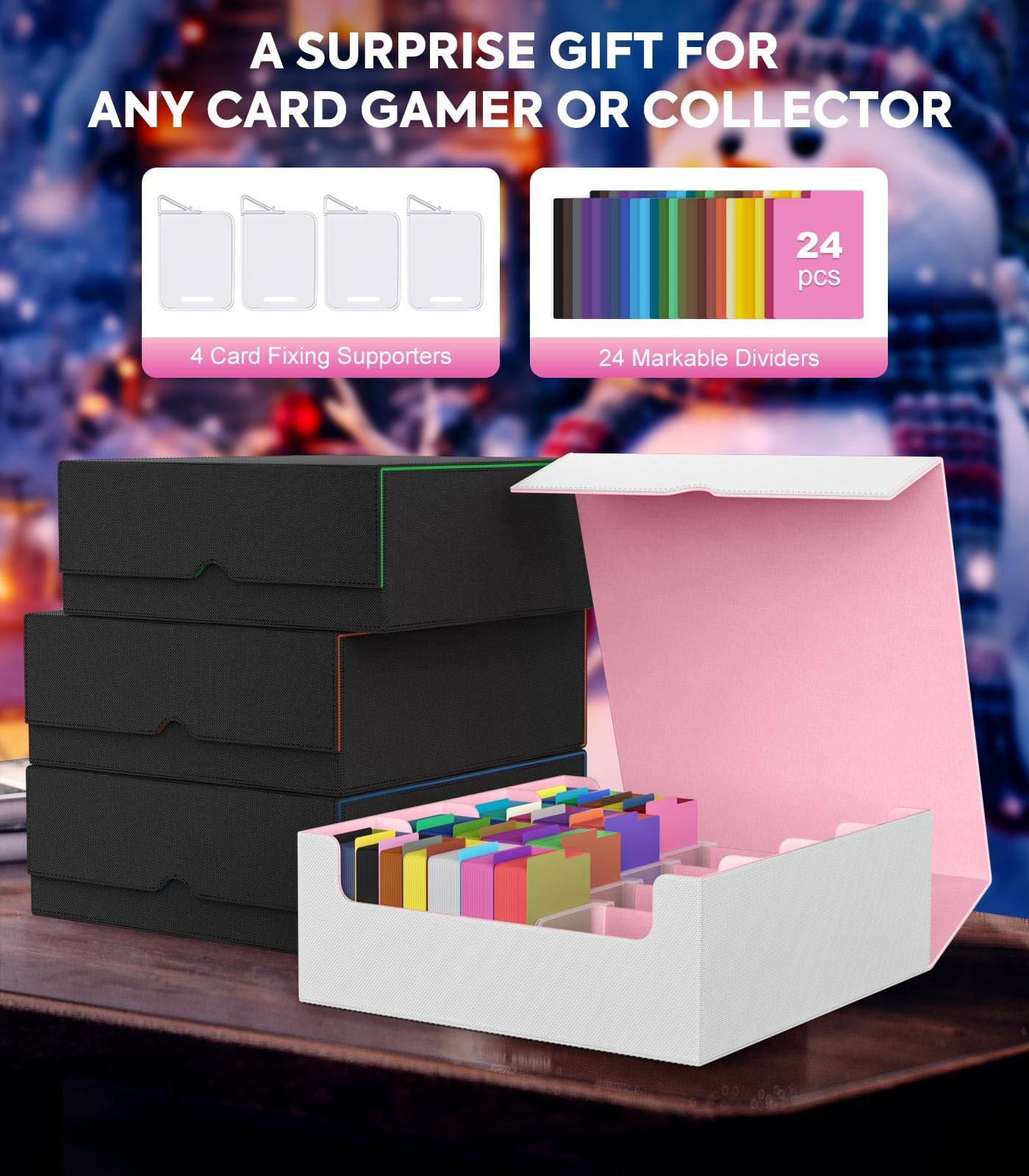 MoKo Trading Card Storage Box – 3000+ Capacity, 24 Dividers, 4 Supports, Magnetic Closure