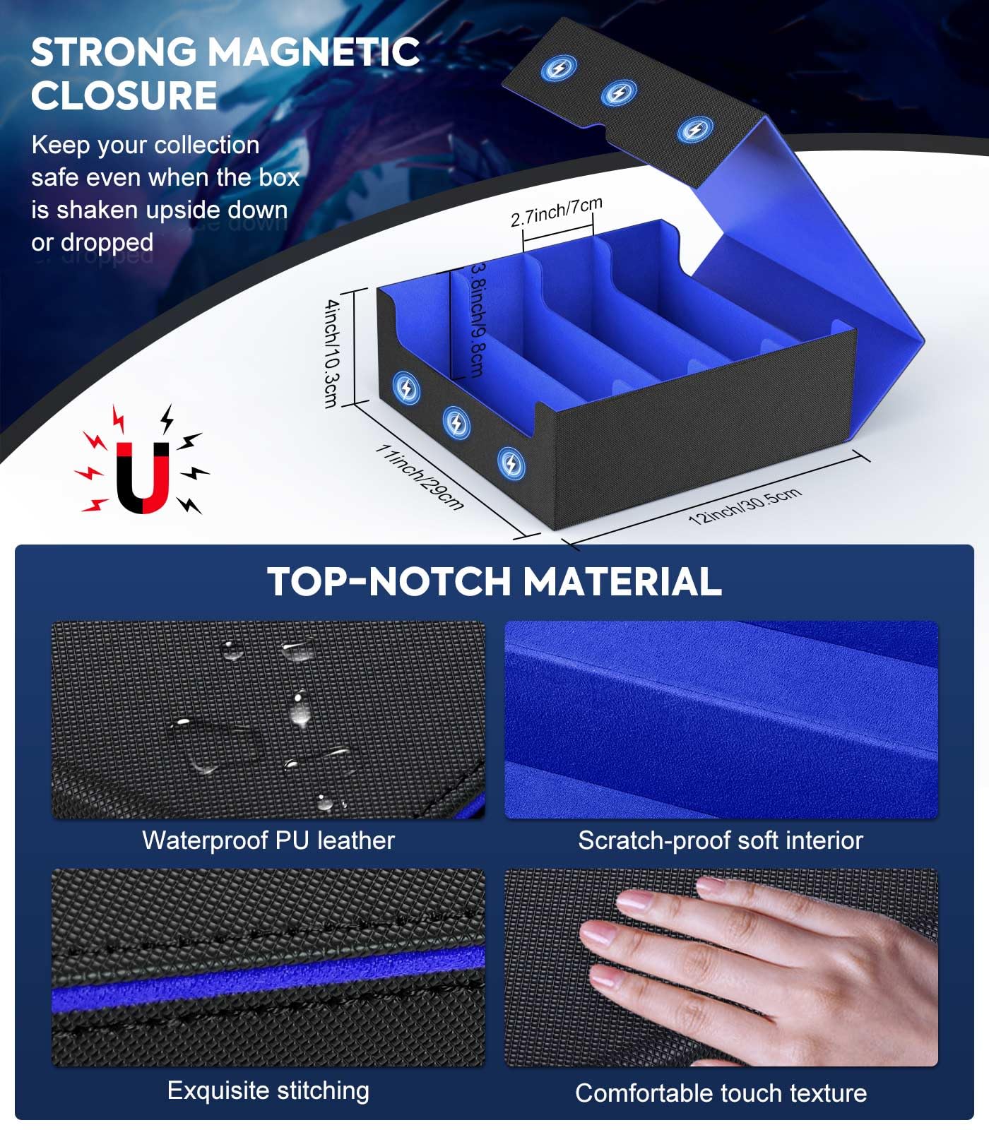 MoKo Trading Card Storage Box – 3000+ Capacity, 4 Card Supporters, 24 Dividers, Magnetic PU Leather Case