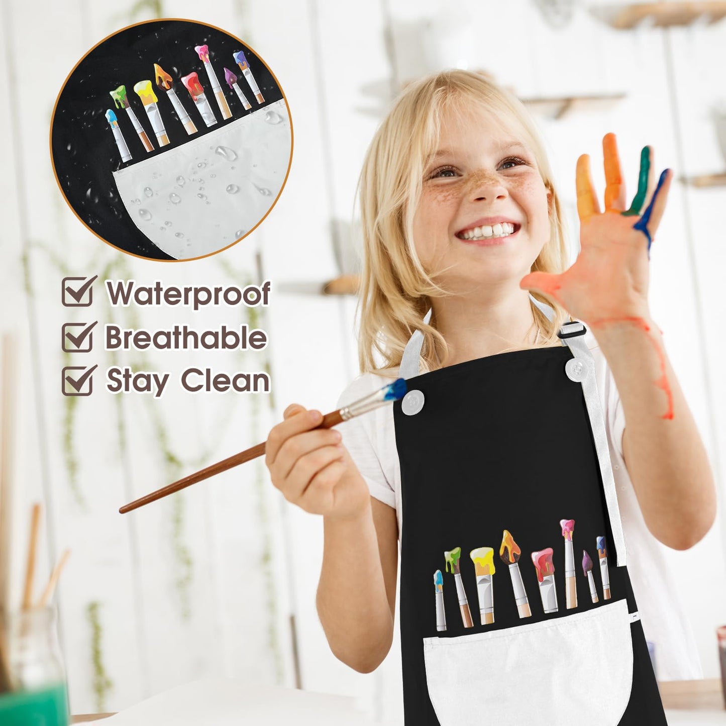 Molain 2 Pack Kids Aprons – Adjustable Waterproof Art Aprons with Pockets (Gray & Black)