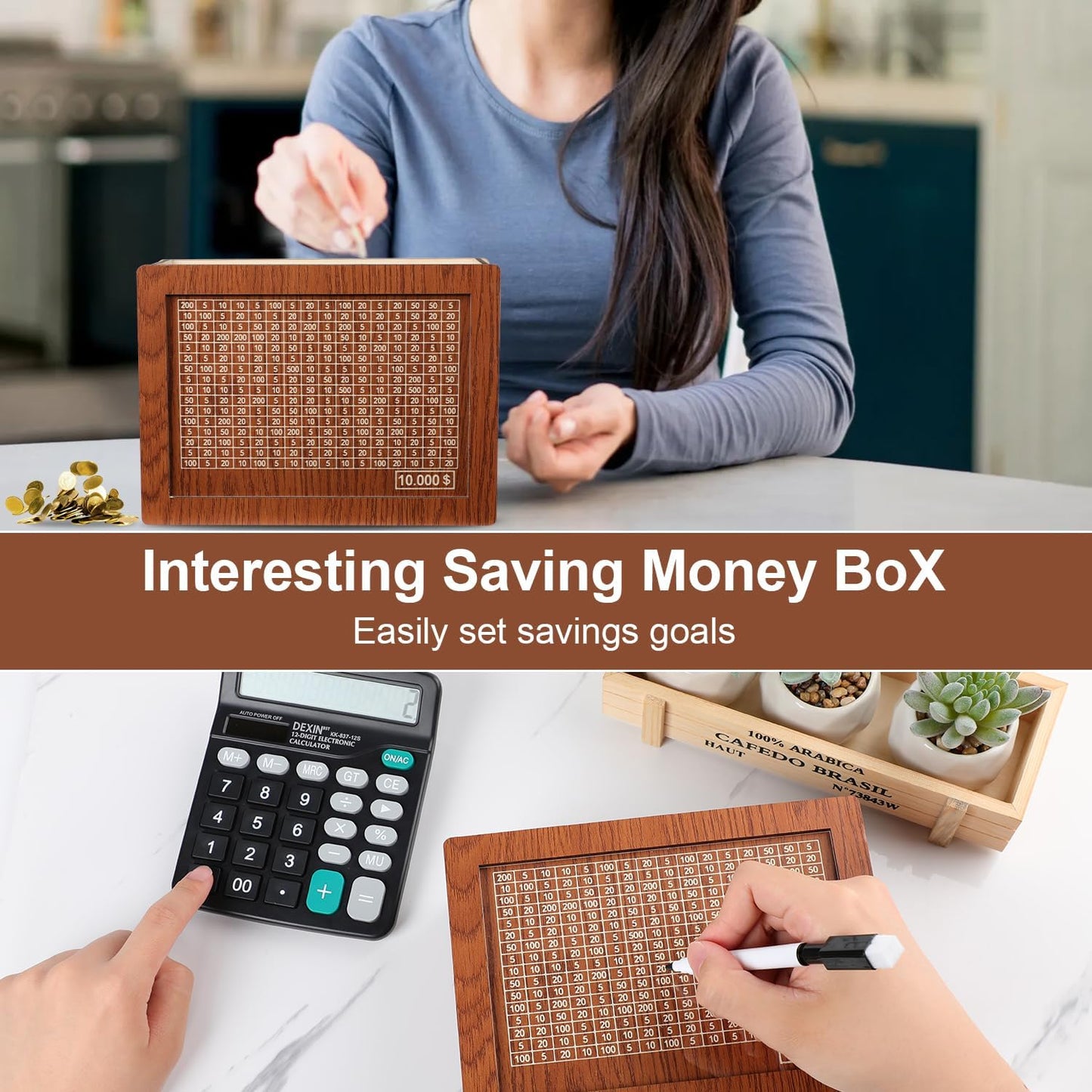MoliDow 2-Pack Money Saving Box – Wooden Piggy Bank with 8 Target Sheets