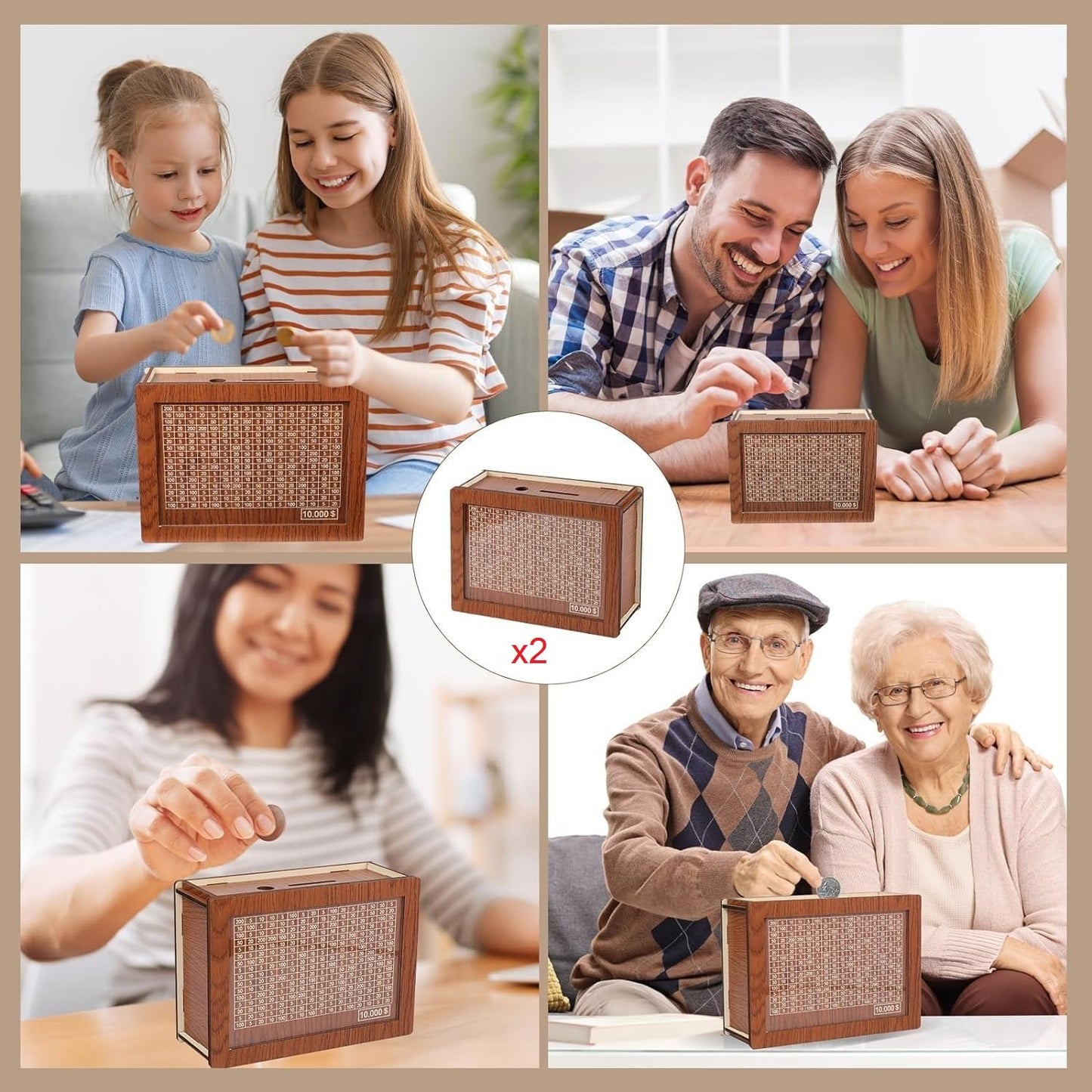 MoliDow 2-Pack Money Saving Box – Wooden Piggy Bank with 8 Target Sheets