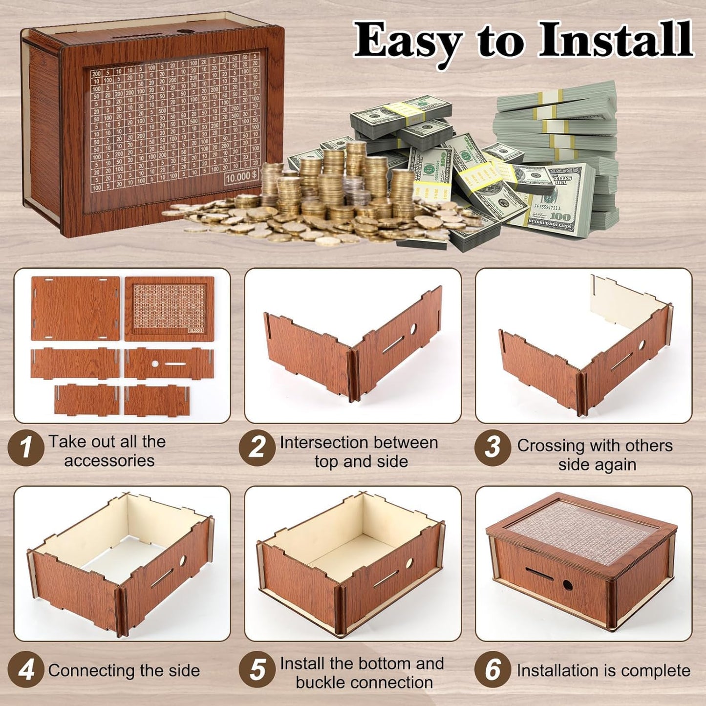 MoliDow Money Saving Box — 10000 Savings Challenge Piggy Bank (8 Sheets, Brown)