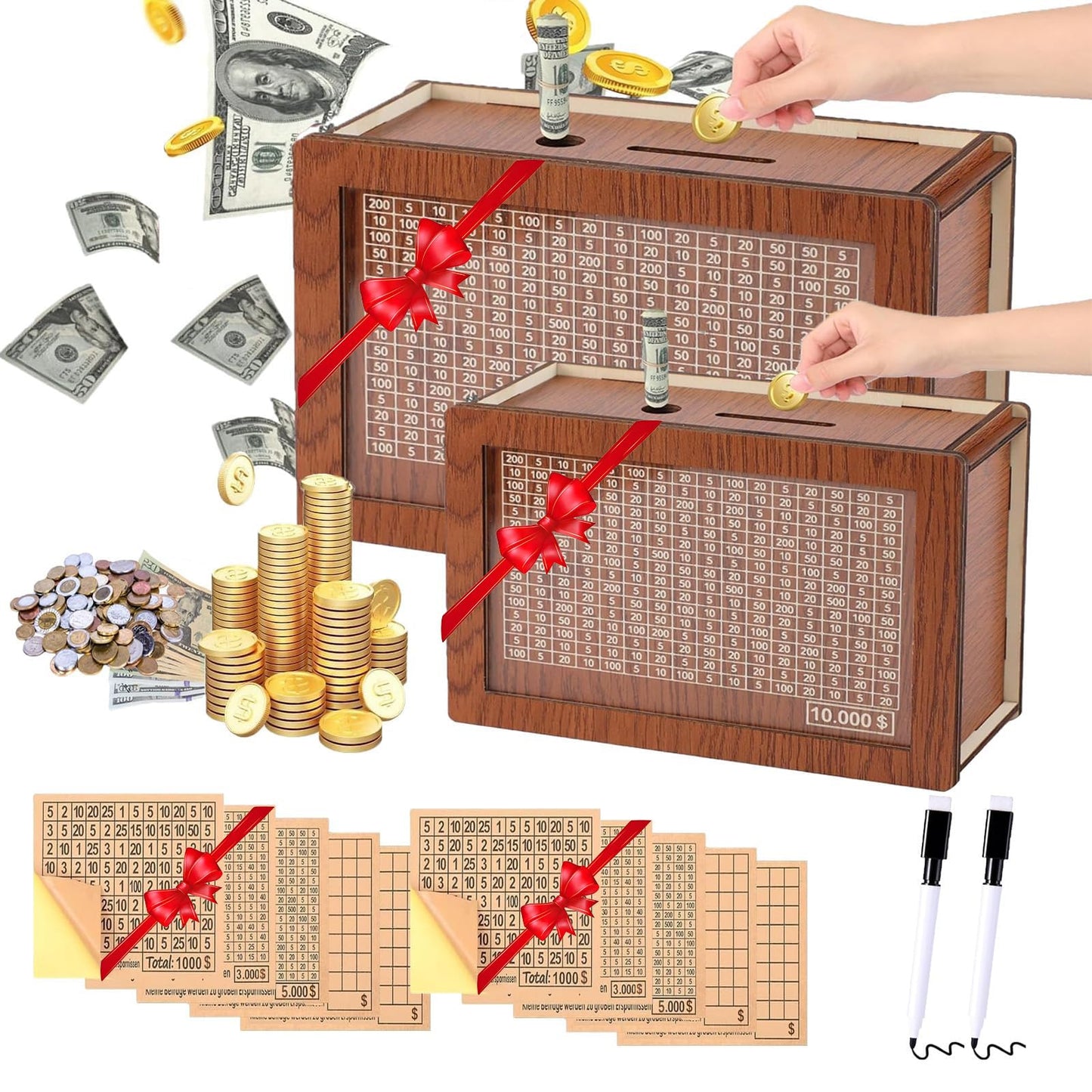 MoliDow 2-Pack Money Saving Box – Wooden Piggy Bank with 8 Target Sheets
