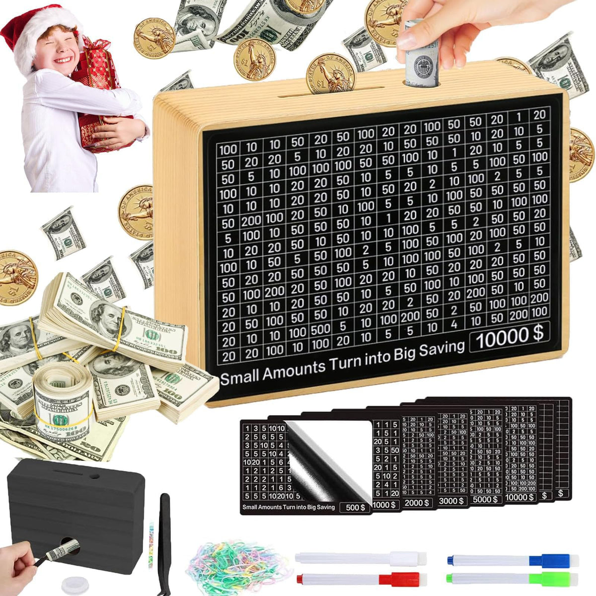 MoliDow 10,000 Money Saving Box – No Install Required Wooden Piggy Bank