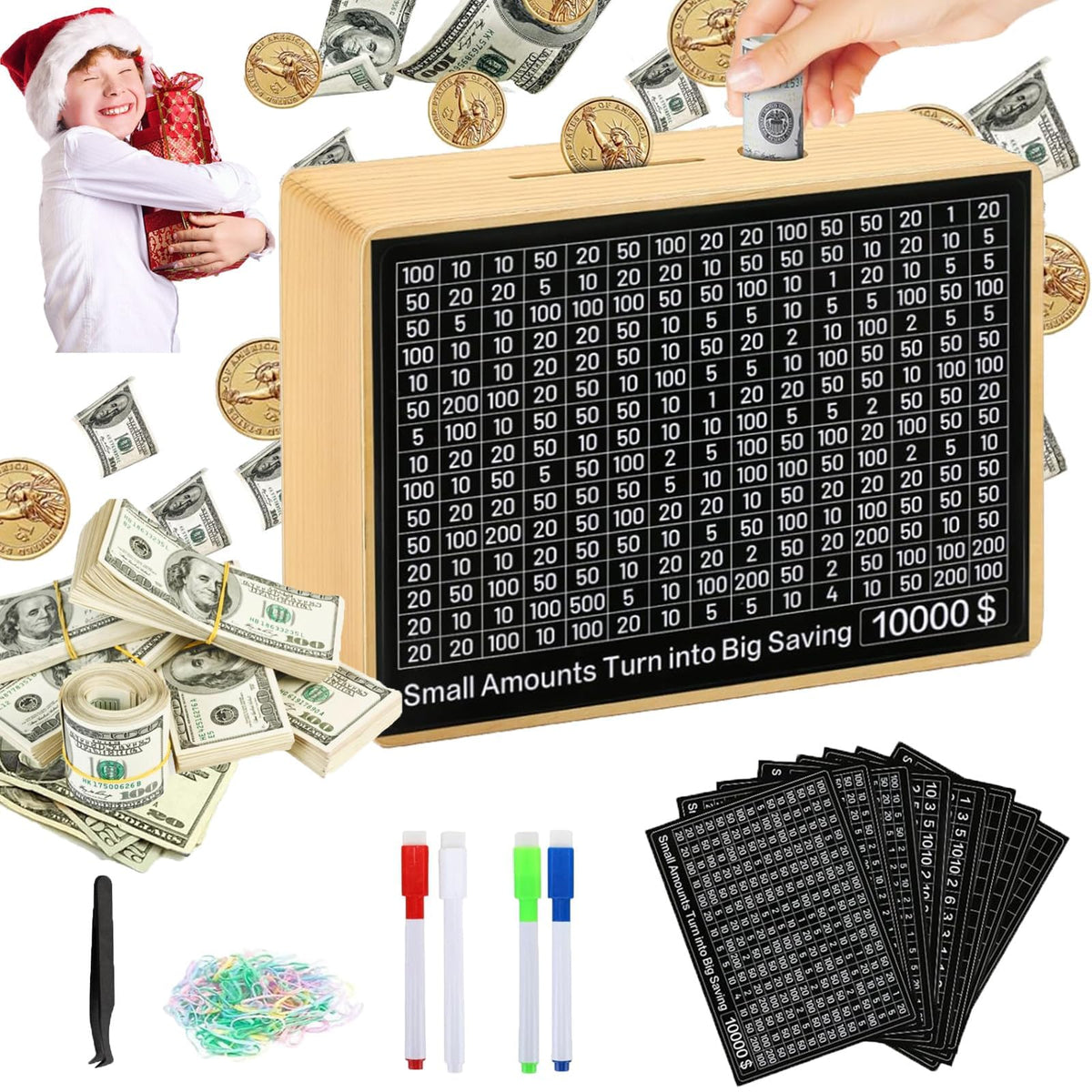 MoliDow 10,000 Money Saving Box – No Install Required Wooden Piggy Bank