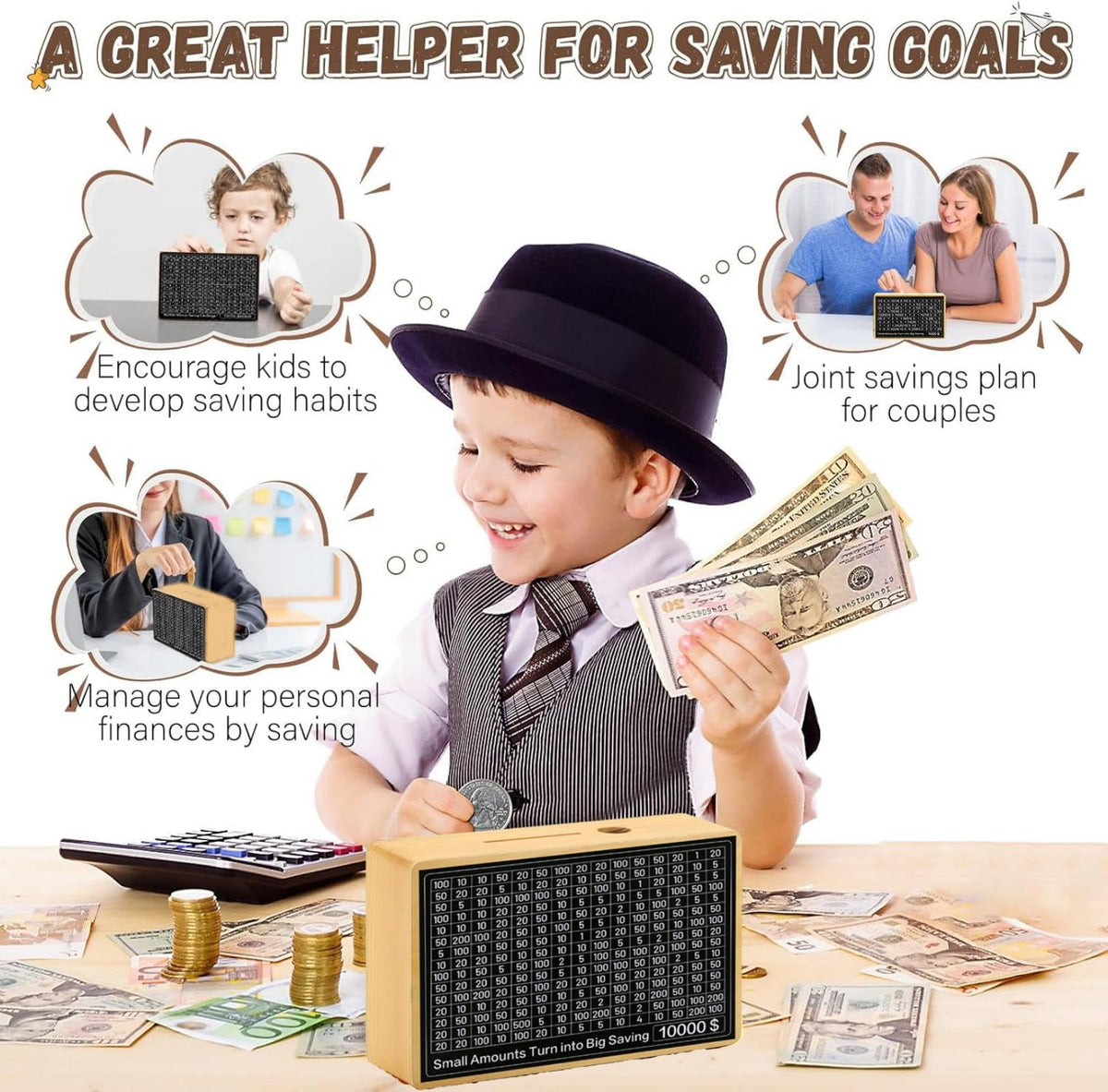 MoliDow 10,000 Money Saving Box – No Install Required Wooden Piggy Bank