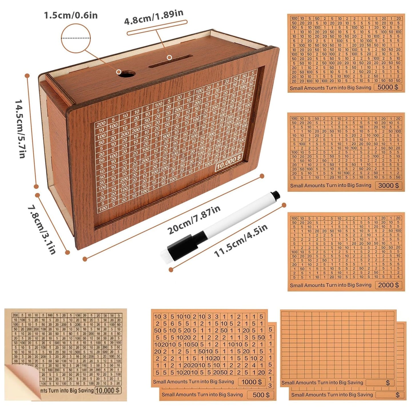 MoliDow Money Saving Box — 10000 Savings Challenge Piggy Bank (8 Sheets, Brown)