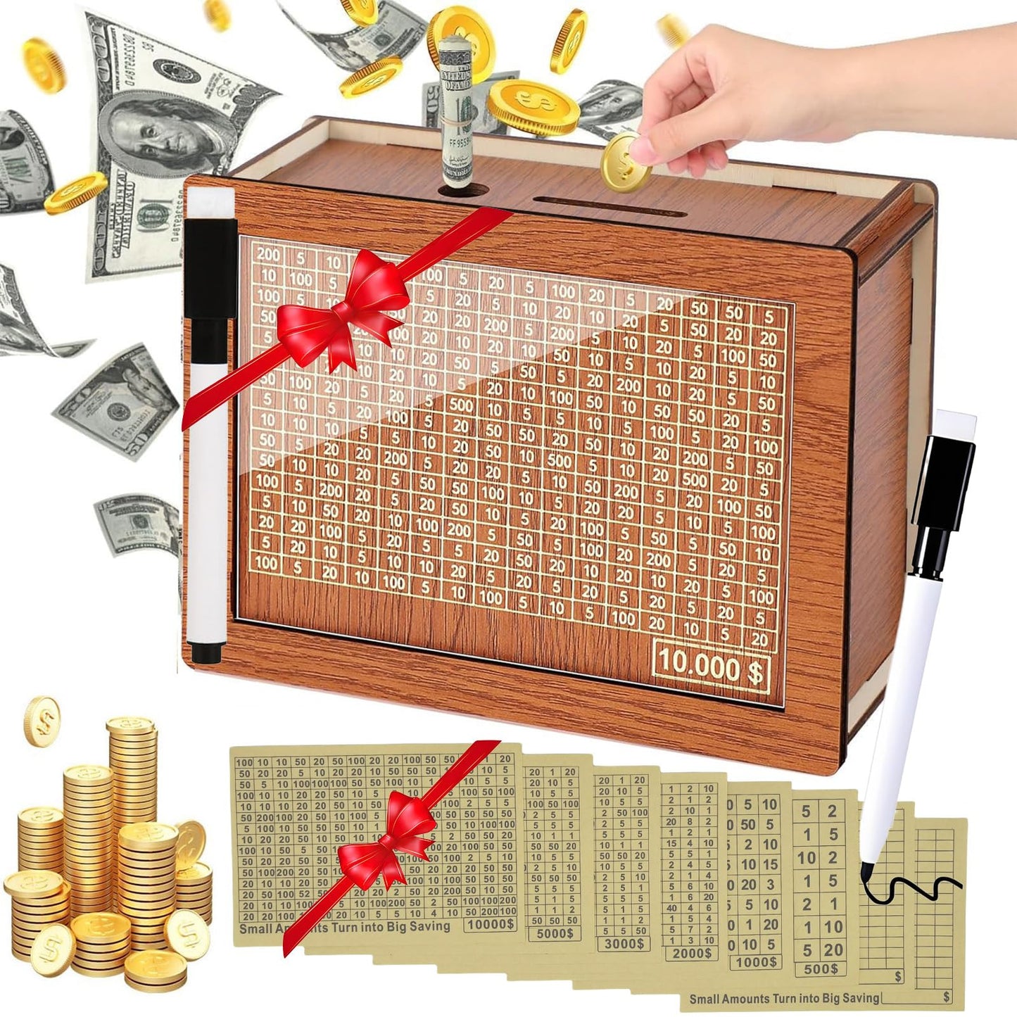 MoliDow Money Saving Box — 10000 Savings Challenge Piggy Bank (8 Sheets, Brown)