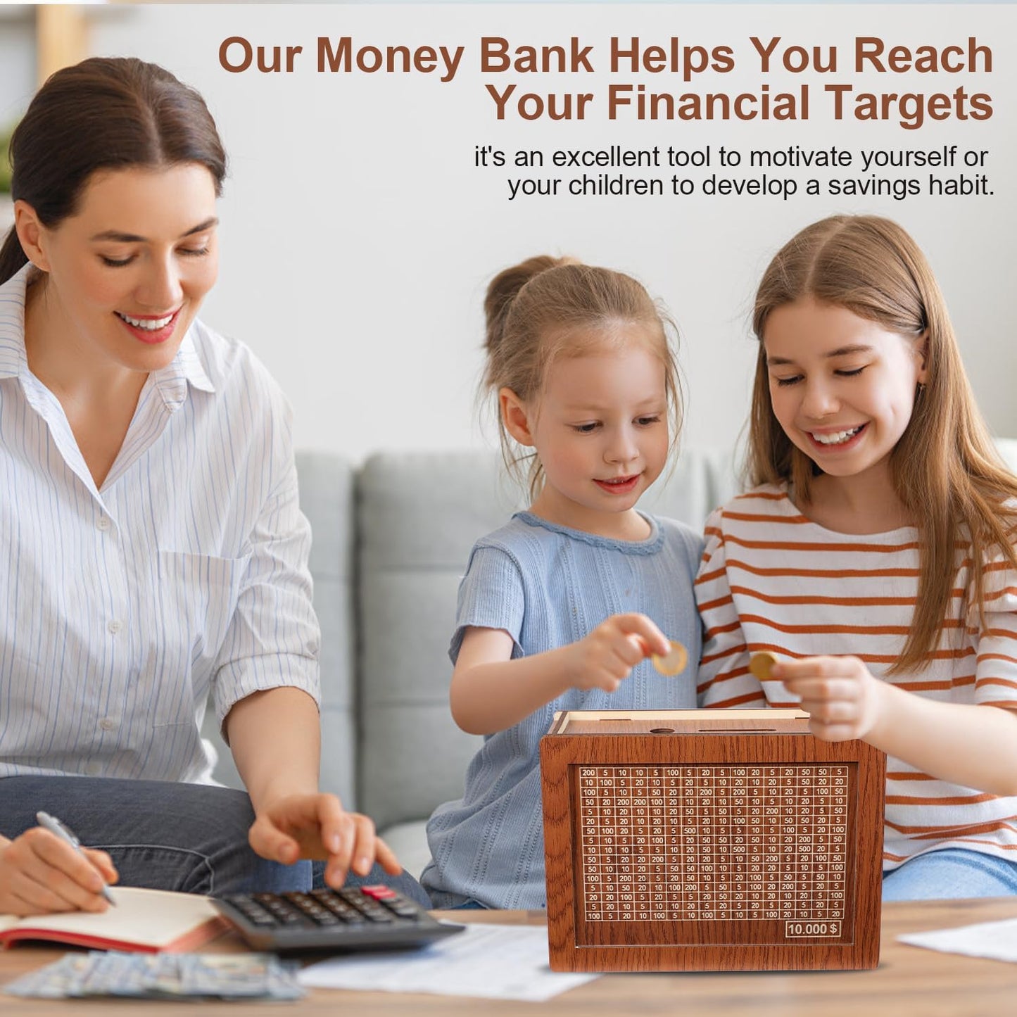MoliDow 2-Pack Money Saving Box – Wooden Piggy Bank with 8 Target Sheets