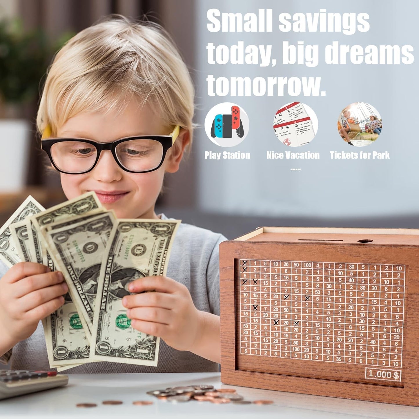 MoliDow 2-Pack Money Saving Box – Wooden Piggy Bank with 8 Target Sheets