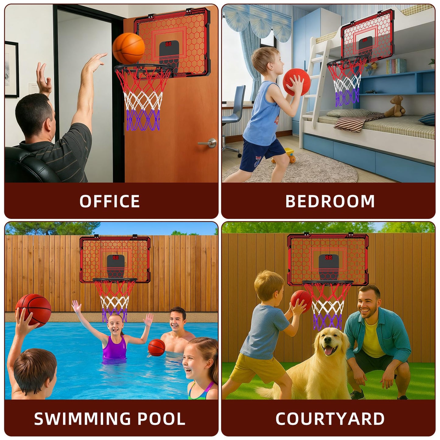Molutsody Indoor Basketball Hoop for Kids – LED Lights, Scoreboard, Easy Door Install
