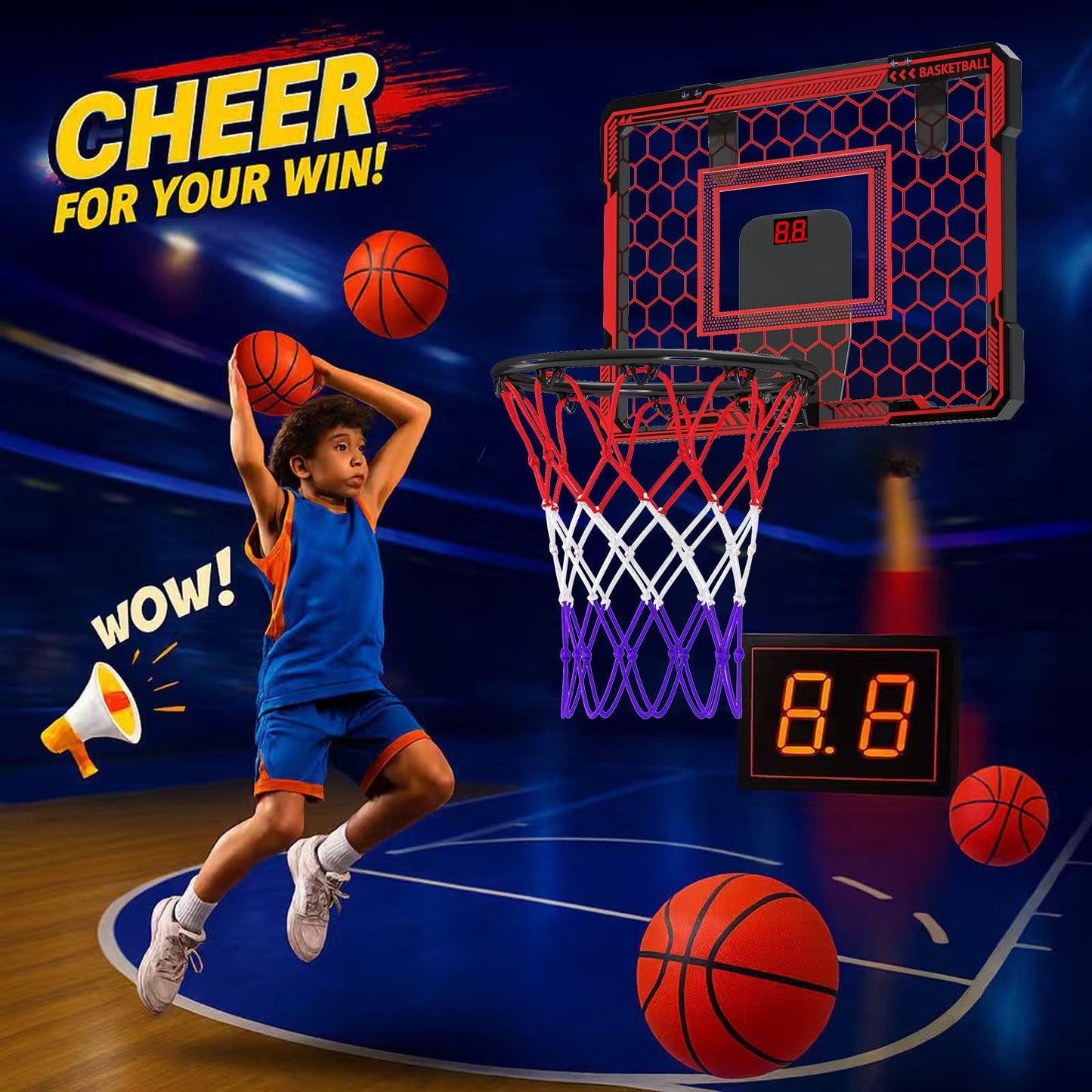 Molutsody Indoor Basketball Hoop for Kids – LED Lights, Scoreboard, Easy Door Install