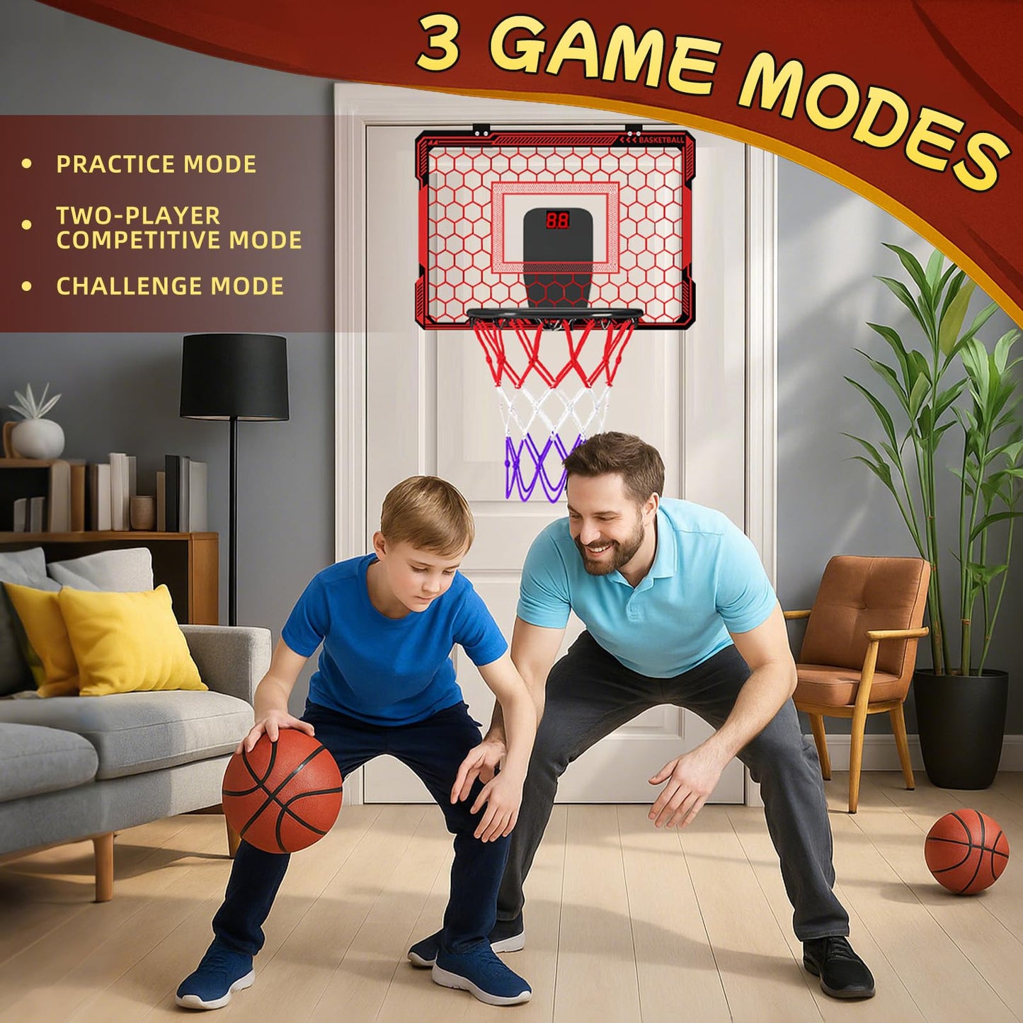 Molutsody Indoor Basketball Hoop for Kids – LED Lights, Scoreboard, Easy Door Install
