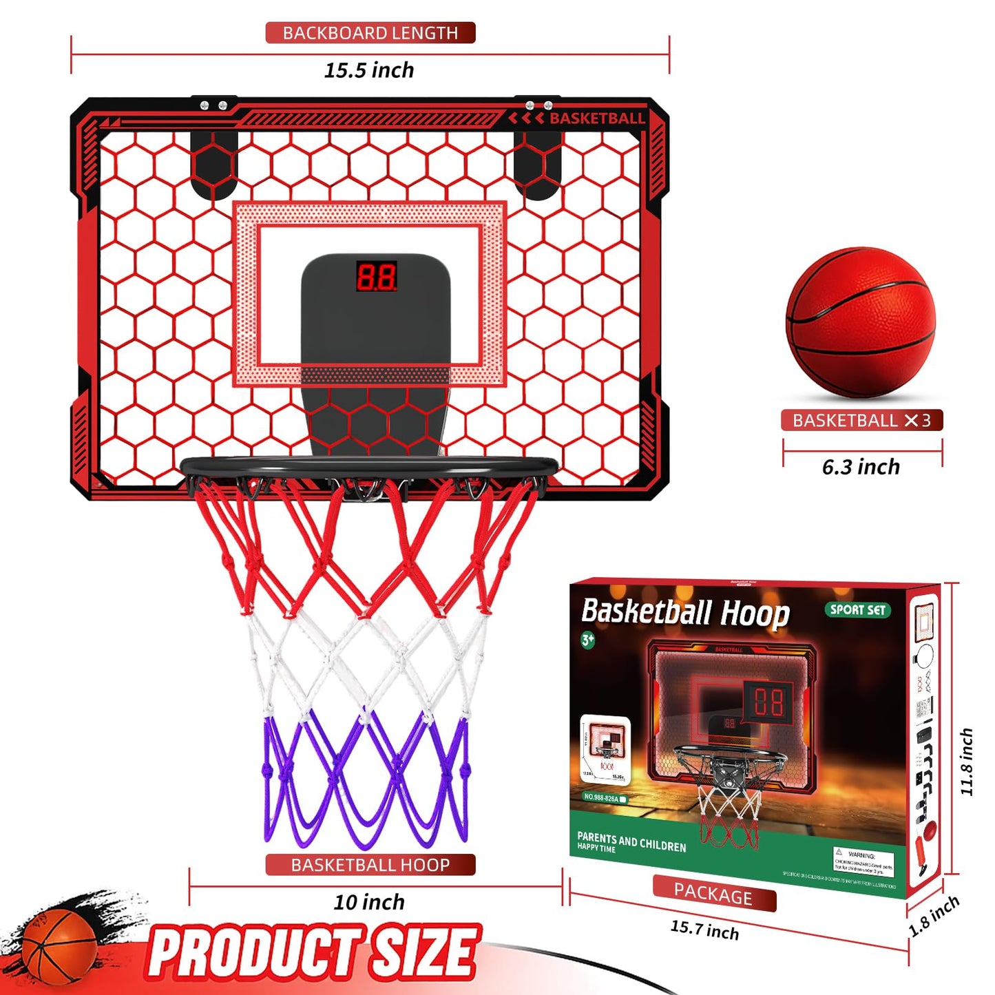 Molutsody Indoor Basketball Hoop for Kids – LED Lights, Scoreboard, Easy Door Install
