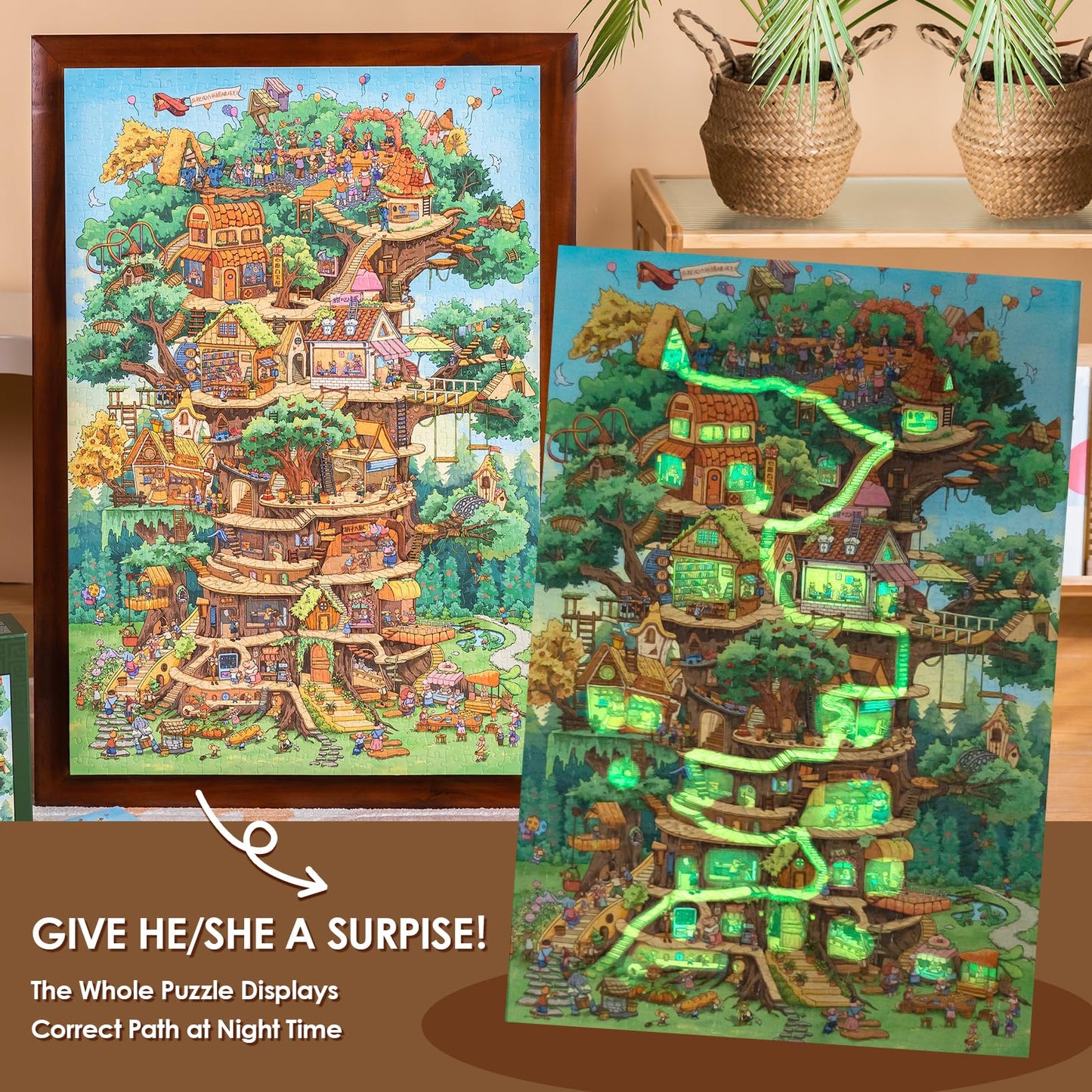 MOMIBOOK 1000 Piece Puzzle – The Wonderful Tree House Expedition (Luminous Painting)