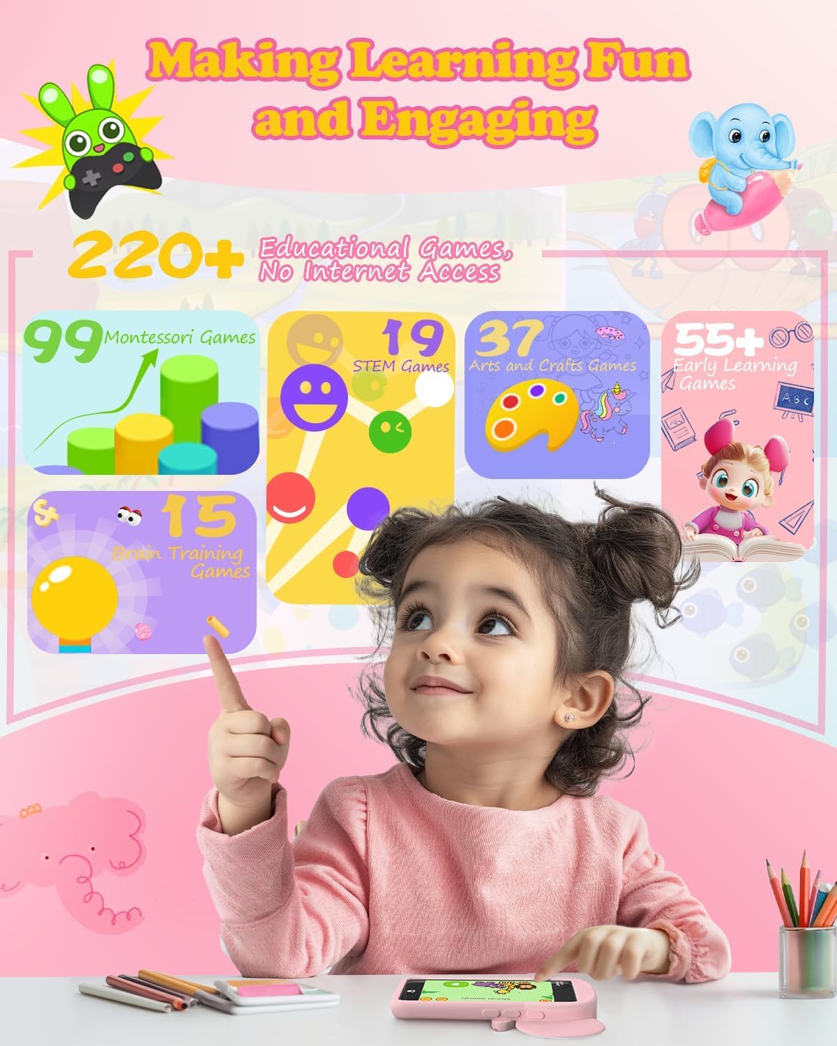 MOMILLA Kids Phone with 3.97 inch Touchscreen – 220+ Educational Games, Front Camera, 16GB, Parental Controls