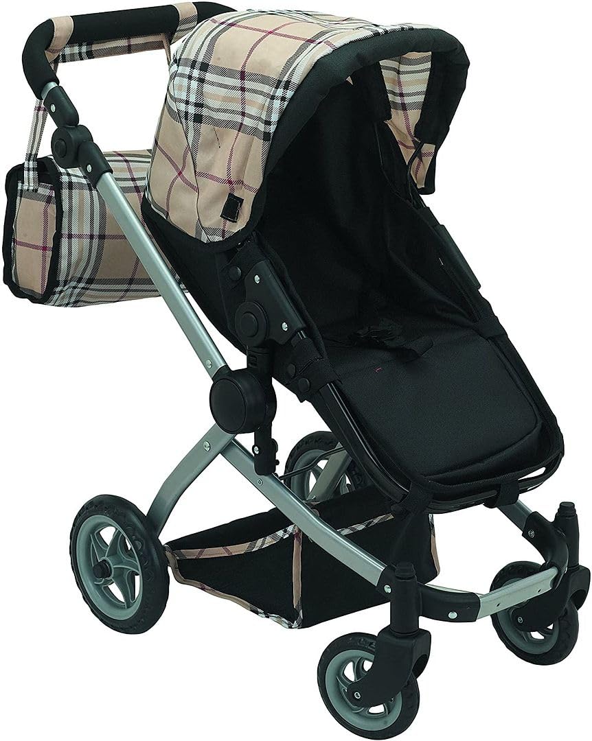 Mommy & Me Babyboo Doll Pram Foldable Stroller Beige Plaid – Realistic Doll Carriage with Basket, Convertible Seat, and Adjustable Handle