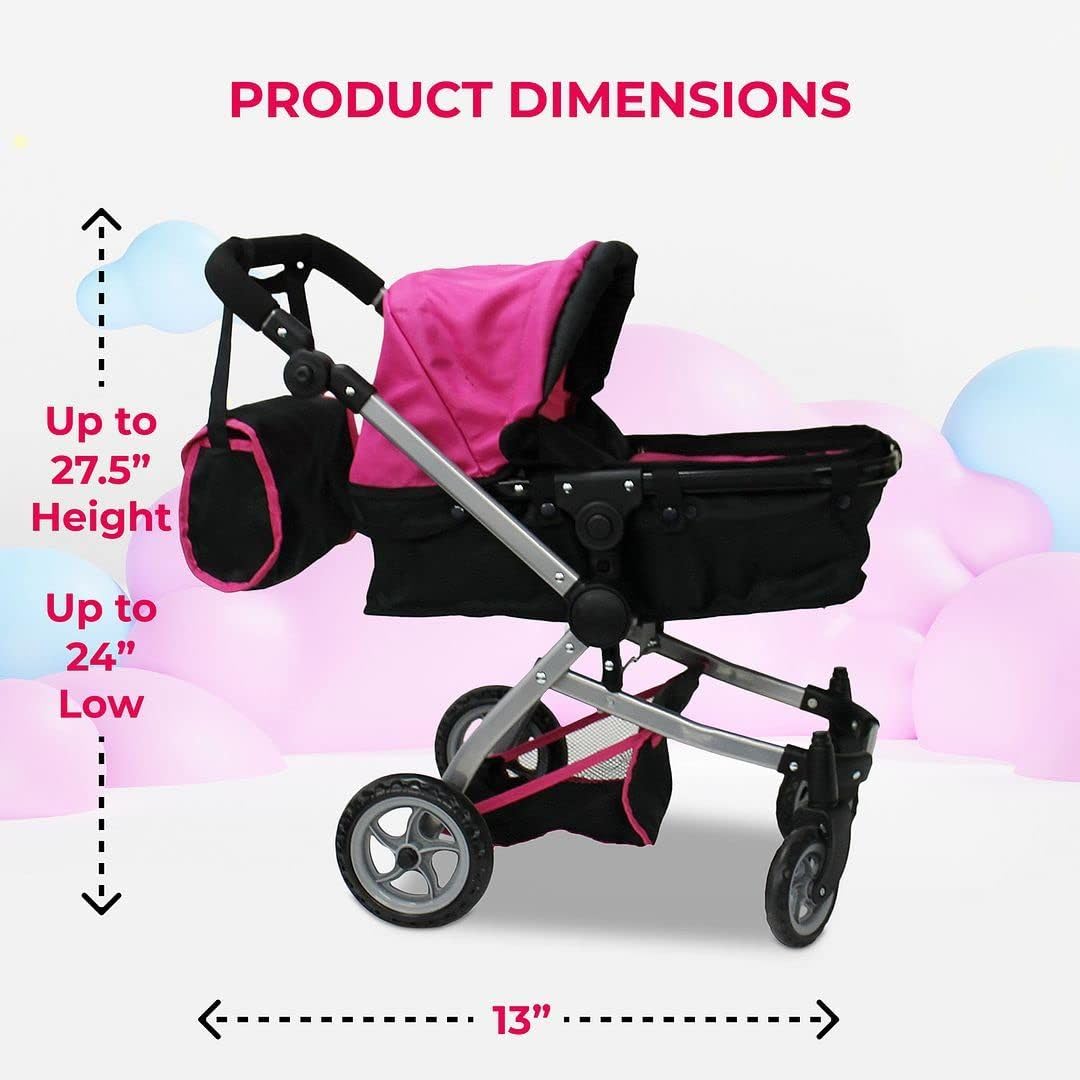 Mommy & Me Babyboo Doll Pram – Foldable Stroller with Basket, Convertible Seat, Adjustable Handle, Swiveling Wheels, Free Carriage Bag (Hot Pink)