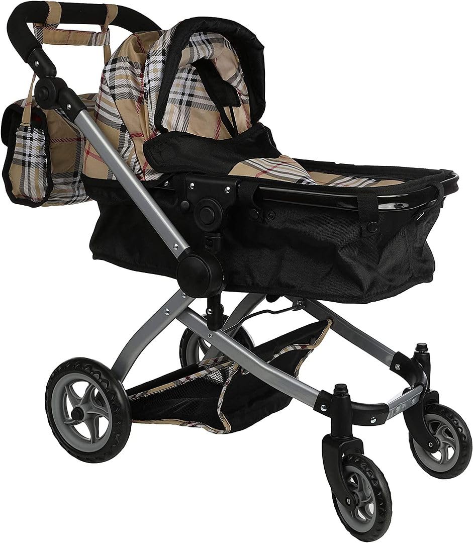 Mommy & Me Babyboo Doll Pram Foldable Stroller Beige Plaid – Realistic Doll Carriage with Basket, Convertible Seat, and Adjustable Handle