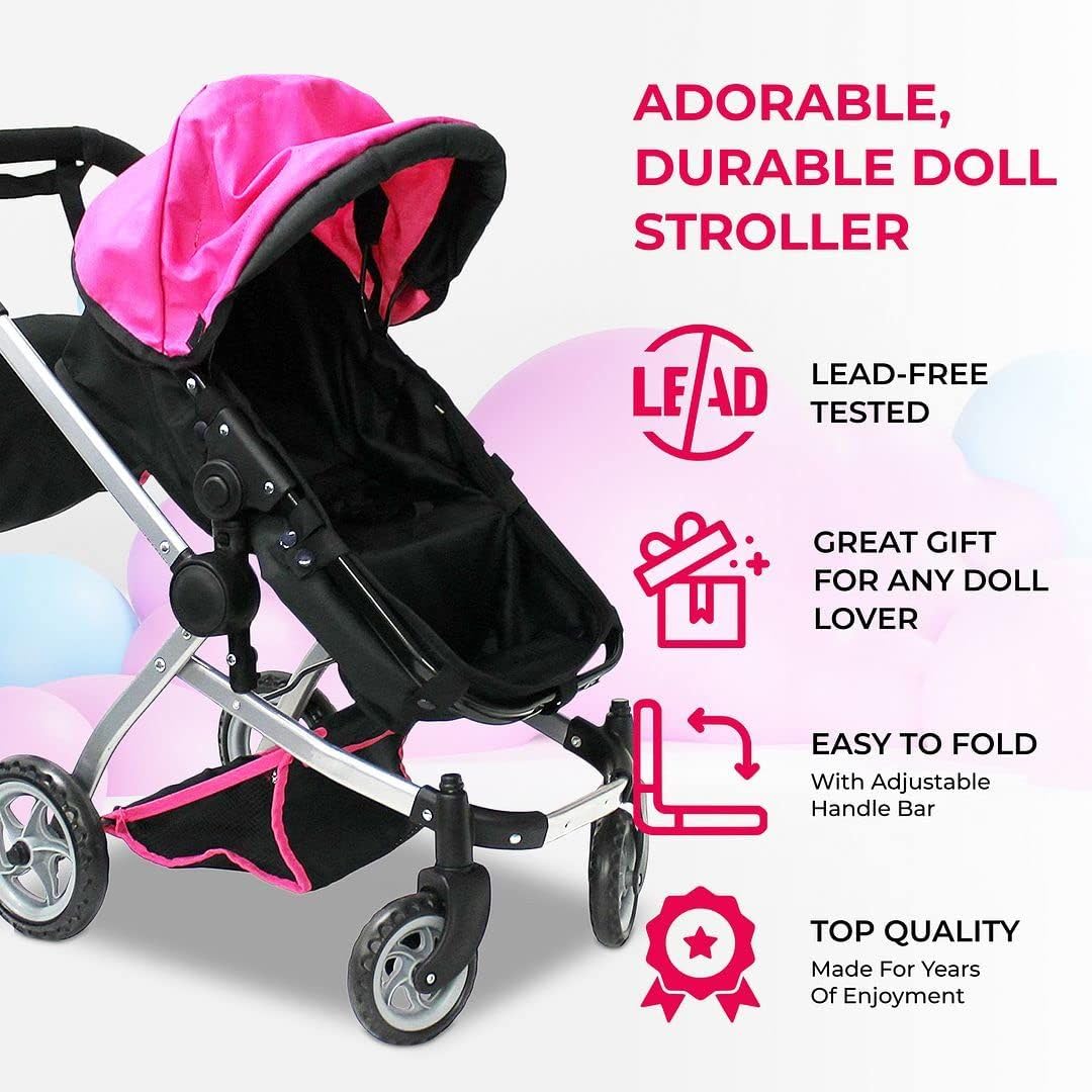 Mommy & Me Babyboo Doll Pram – Foldable Stroller with Basket, Convertible Seat, Adjustable Handle, Swiveling Wheels, Free Carriage Bag (Hot Pink)