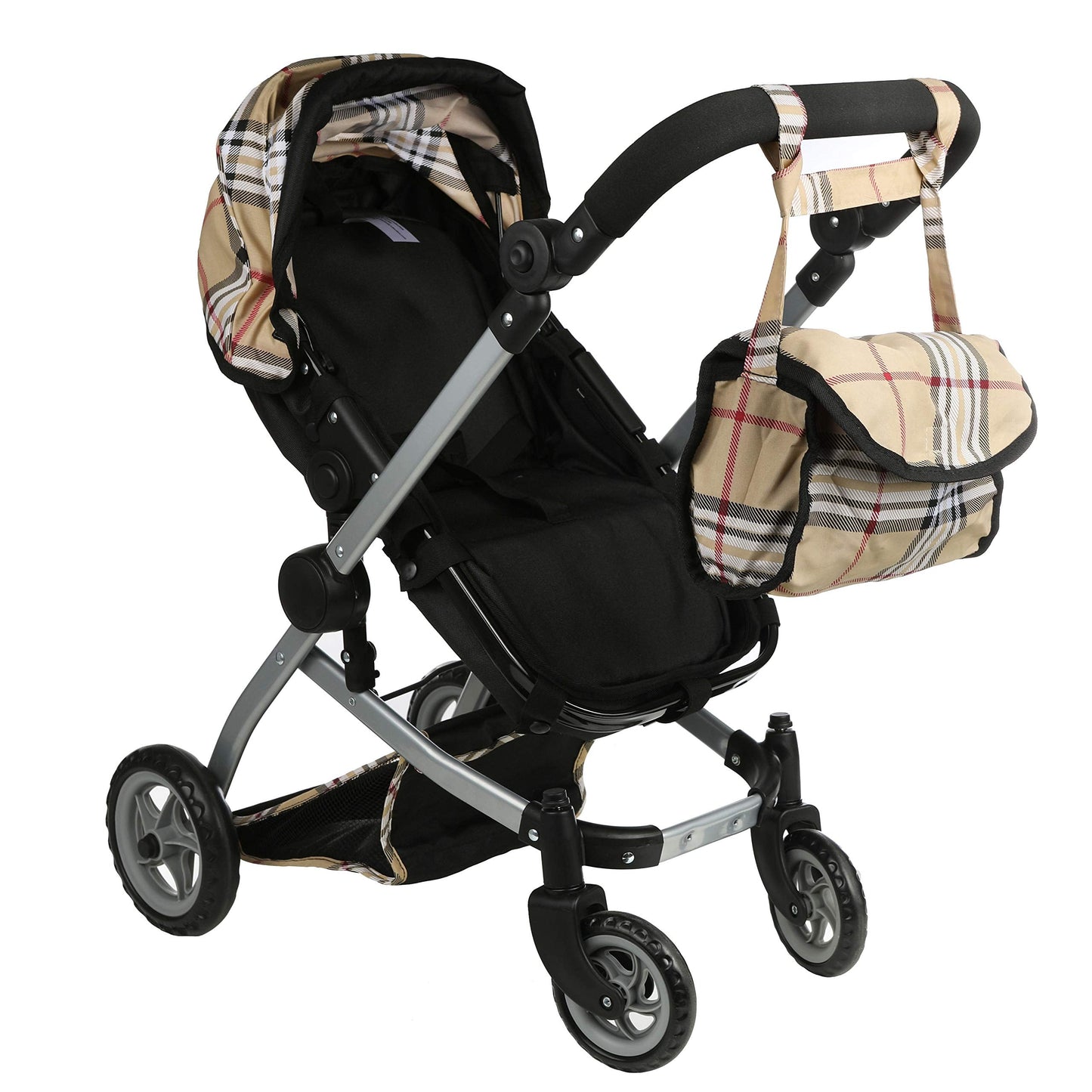 Mommy & Me Babyboo Doll Pram Foldable Stroller Beige Plaid – Realistic Doll Carriage with Basket, Convertible Seat, and Adjustable Handle