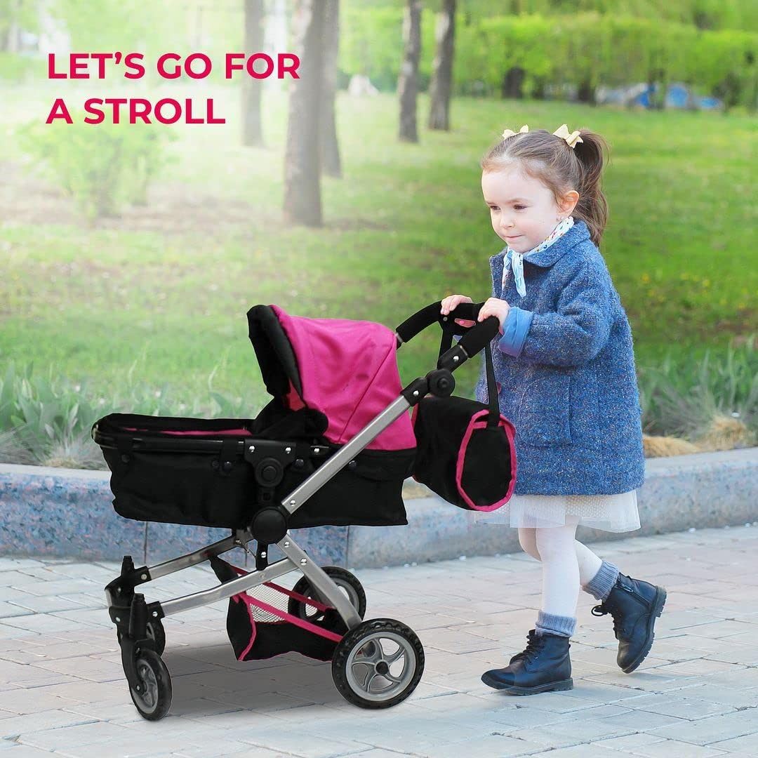 Mommy & Me Babyboo Doll Pram – Foldable Stroller with Basket, Convertible Seat, Adjustable Handle, Swiveling Wheels, Free Carriage Bag (Hot Pink)