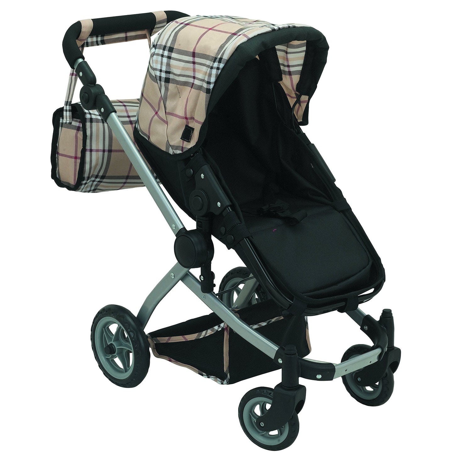 Mommy & Me Babyboo Doll Pram Foldable Stroller Beige Plaid – Realistic Doll Carriage with Basket, Convertible Seat, and Adjustable Handle