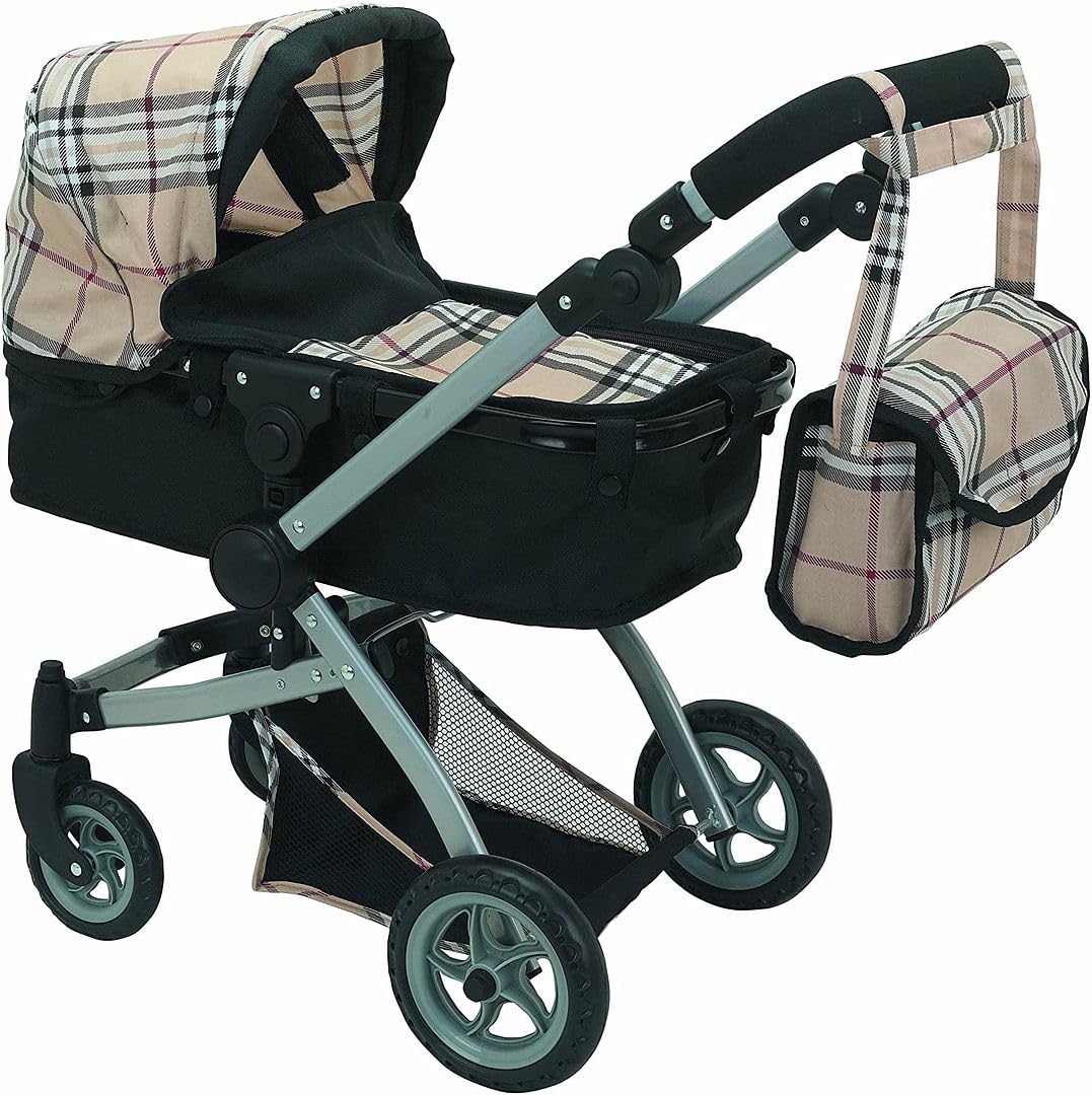 Mommy & Me Babyboo Doll Pram Foldable Stroller Beige Plaid – Realistic Doll Carriage with Basket, Convertible Seat, and Adjustable Handle