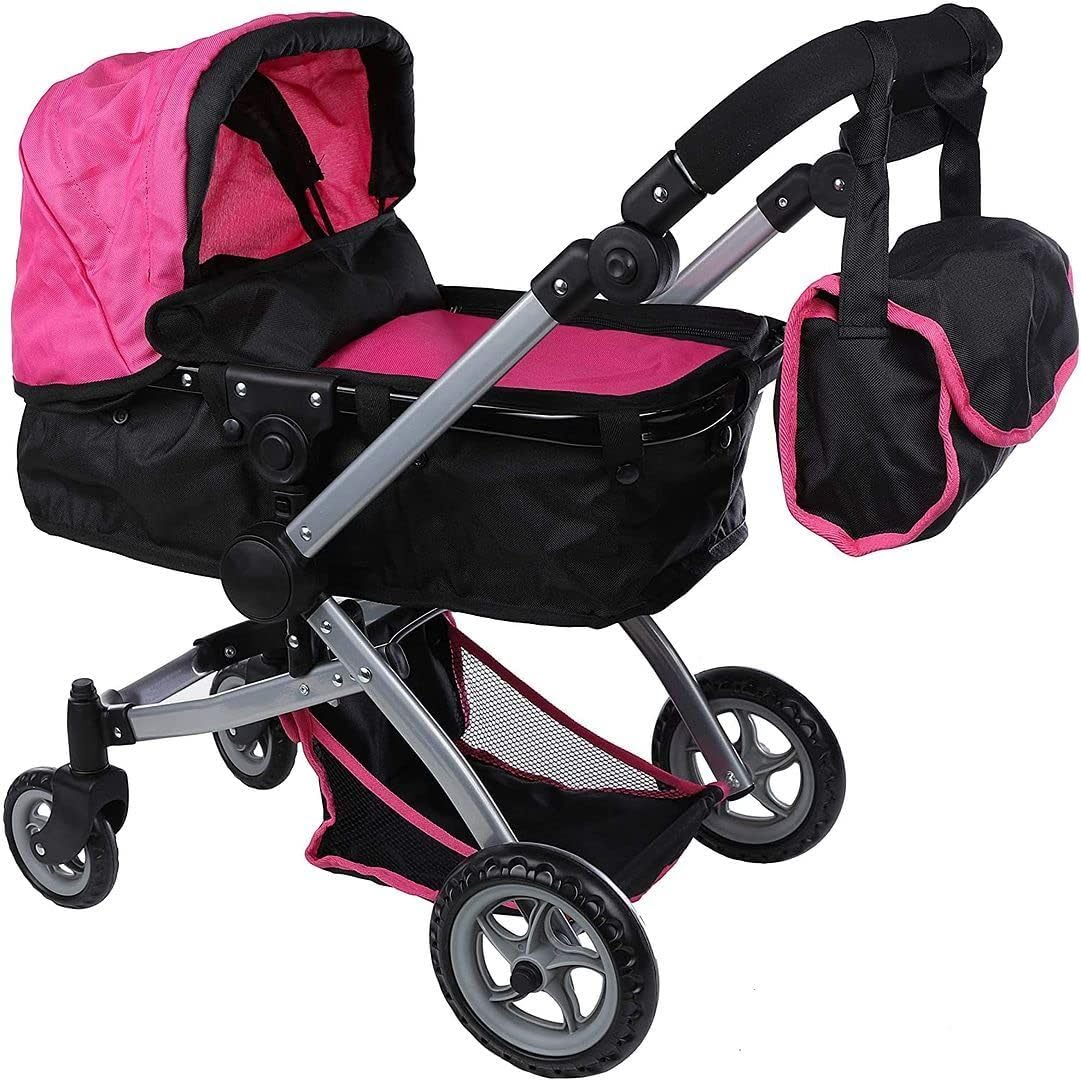 Mommy & Me Babyboo Doll Pram – Foldable Stroller with Basket, Convertible Seat, Adjustable Handle, Swiveling Wheels, Free Carriage Bag (Hot Pink)