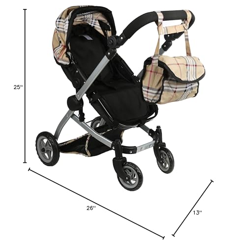 Mommy & Me Babyboo Doll Pram Foldable Stroller Beige Plaid – Realistic Doll Carriage with Basket, Convertible Seat, and Adjustable Handle