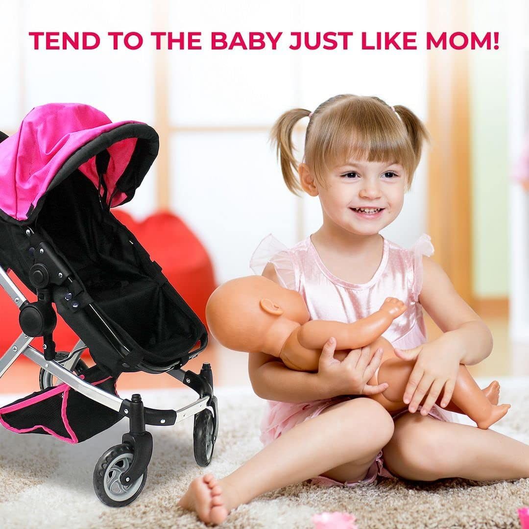 Mommy & Me Babyboo Doll Pram – Foldable Stroller with Basket, Convertible Seat, Adjustable Handle, Swiveling Wheels, Free Carriage Bag (Hot Pink)