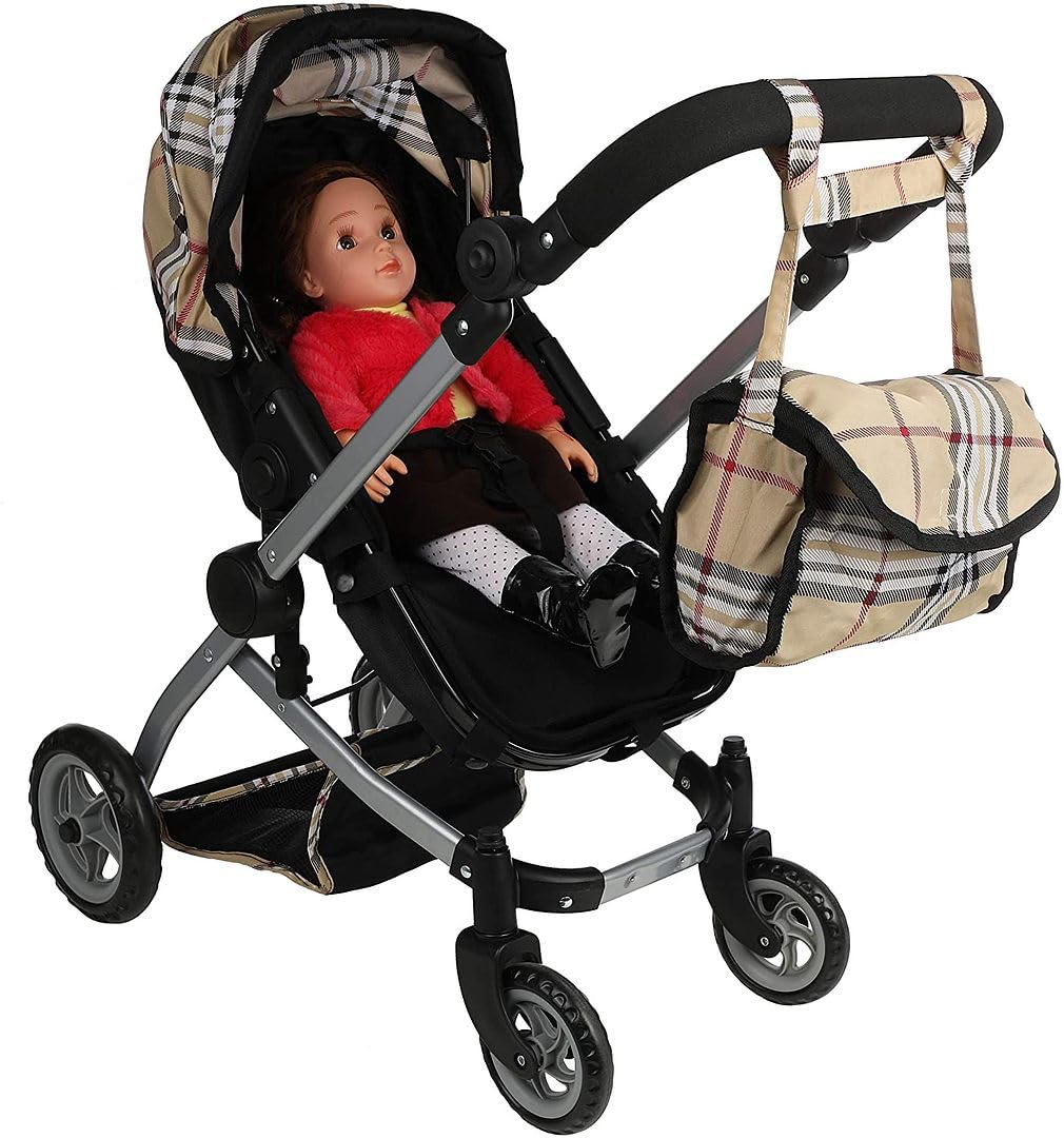 Mommy & Me Babyboo Doll Pram Foldable Stroller Beige Plaid – Realistic Doll Carriage with Basket, Convertible Seat, and Adjustable Handle