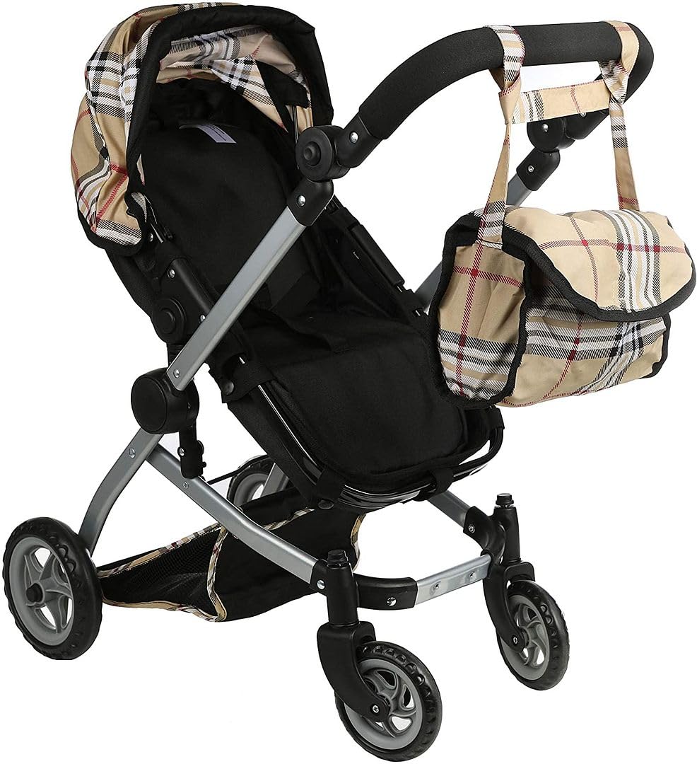 Mommy & Me Babyboo Doll Pram Foldable Stroller Beige Plaid – Realistic Doll Carriage with Basket, Convertible Seat, and Adjustable Handle