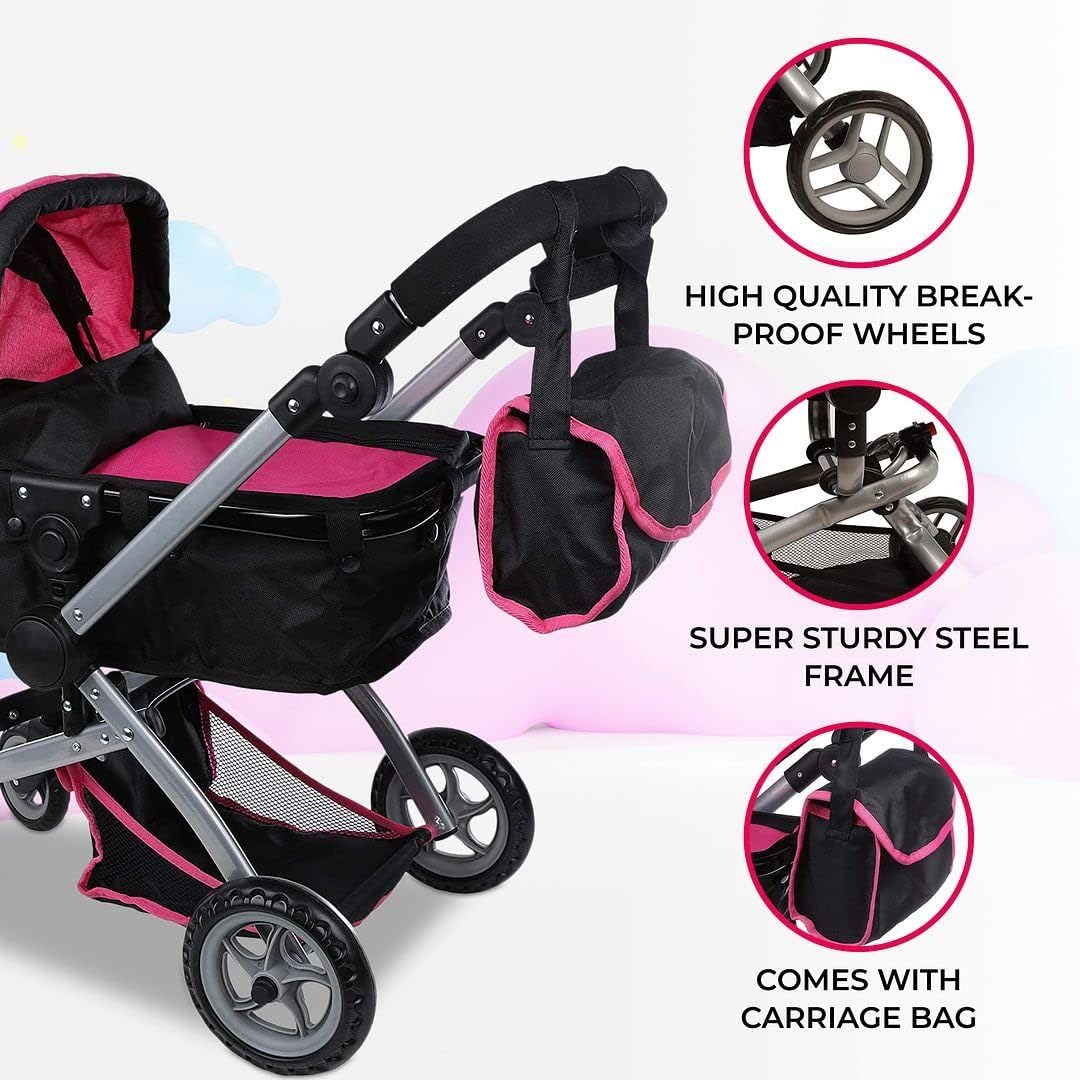 Mommy & Me Babyboo Doll Pram – Foldable Stroller with Basket, Convertible Seat, Adjustable Handle, Swiveling Wheels, Free Carriage Bag (Hot Pink)