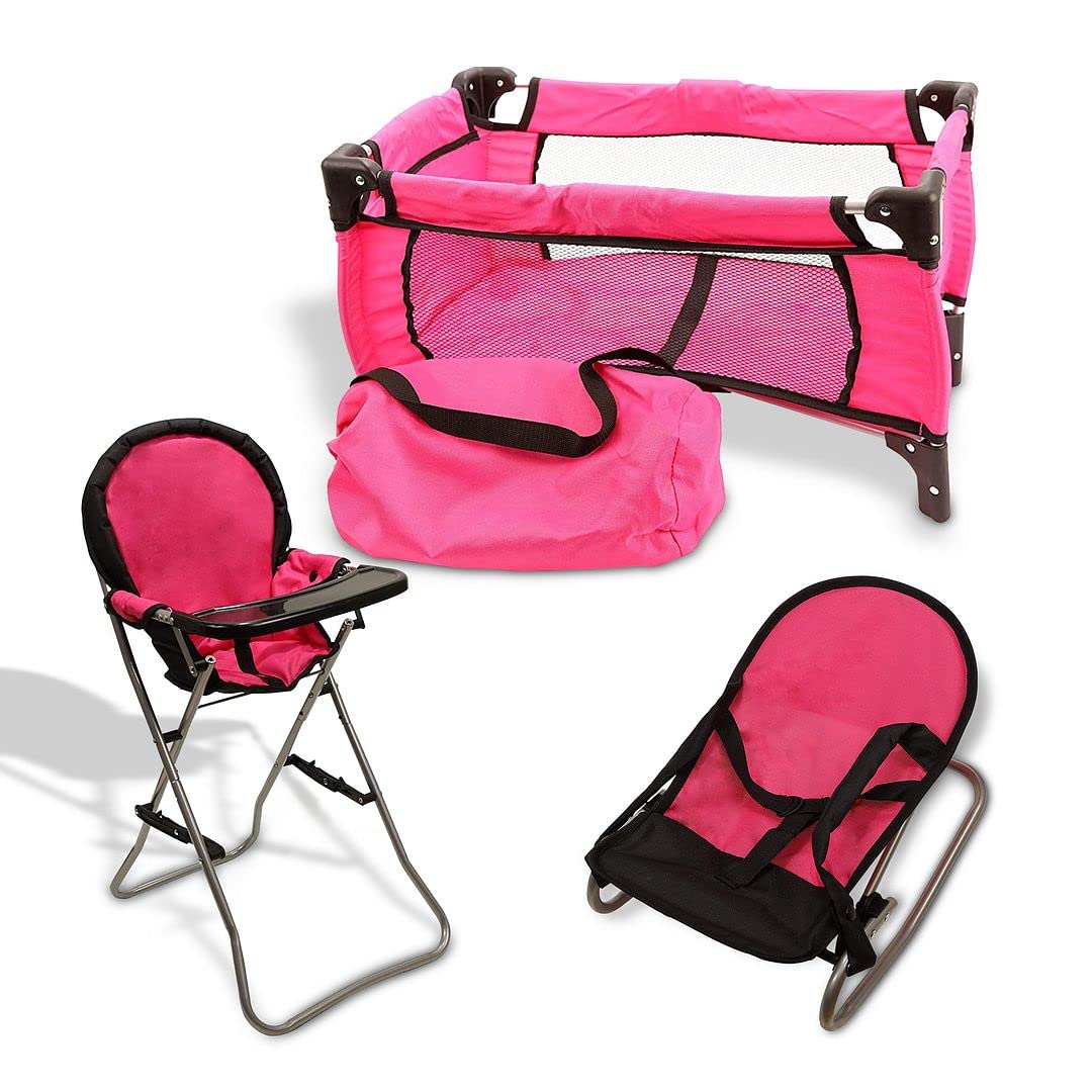 Mommy & Me Pink 3-in-1 Doll Accessories Set for 18-inch Dolls – High Chair, Crib & Bouncer