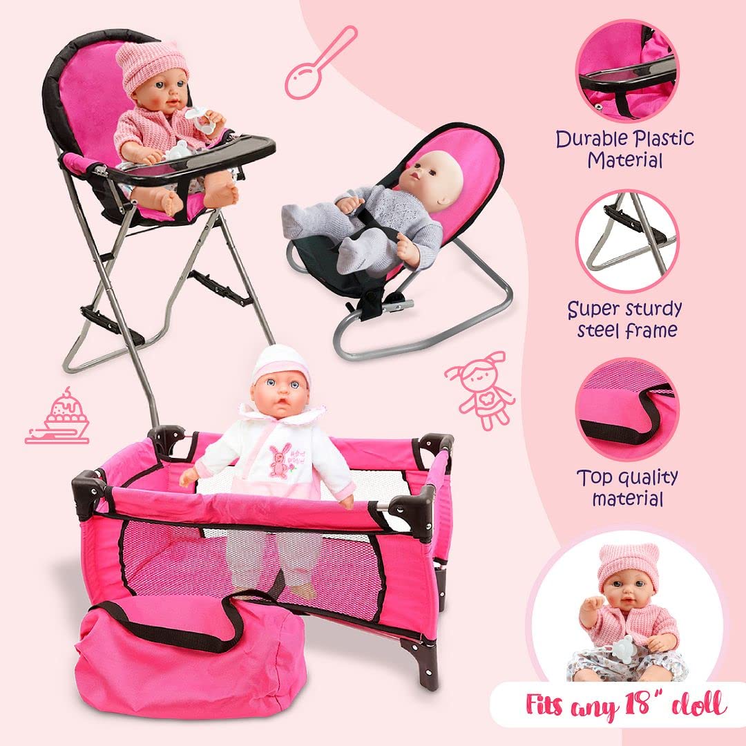 Mommy & Me Pink 3-in-1 Doll Accessories Set for 18-inch Dolls – High Chair, Crib & Bouncer