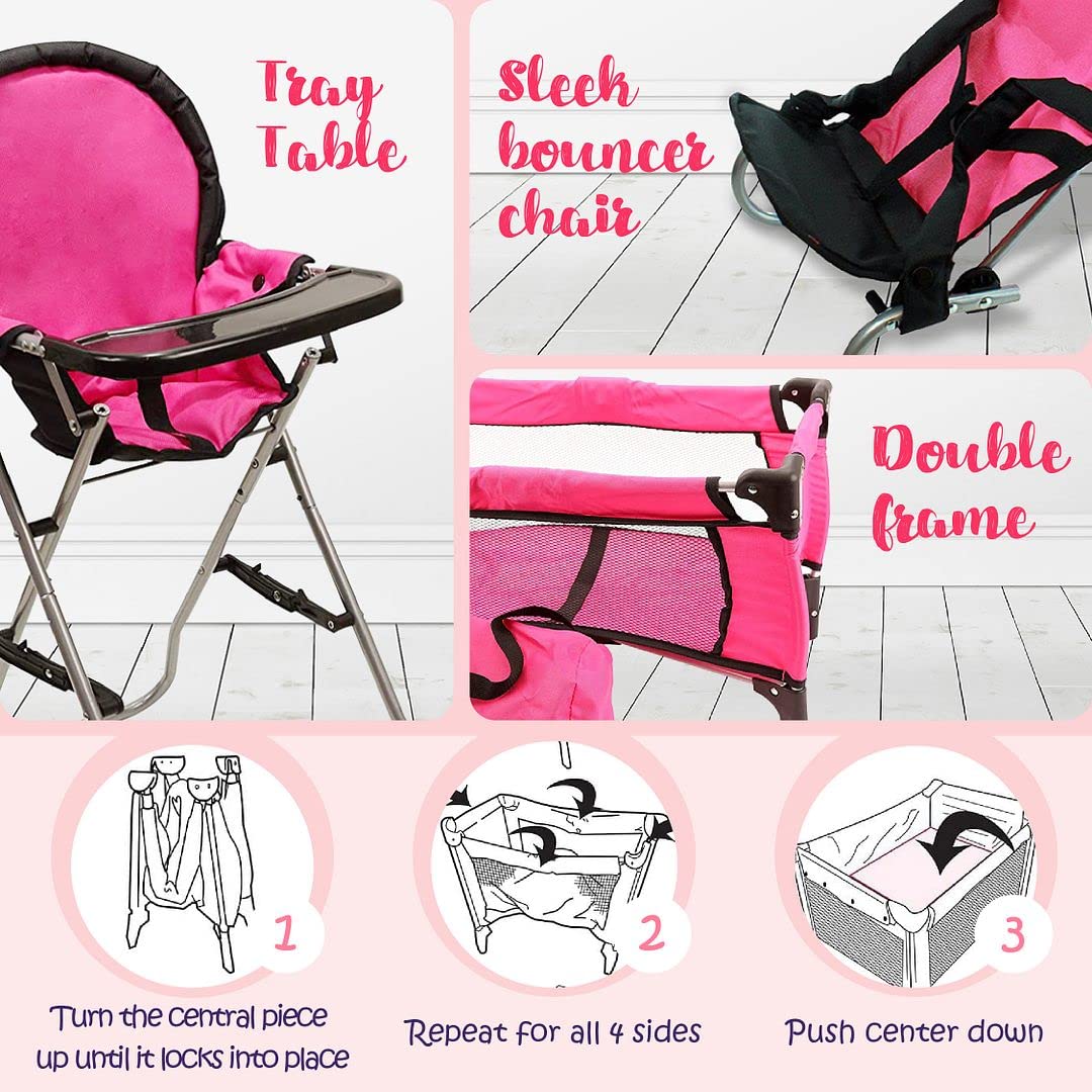 Mommy & Me Pink 3-in-1 Doll Accessories Set for 18-inch Dolls – High Chair, Crib & Bouncer
