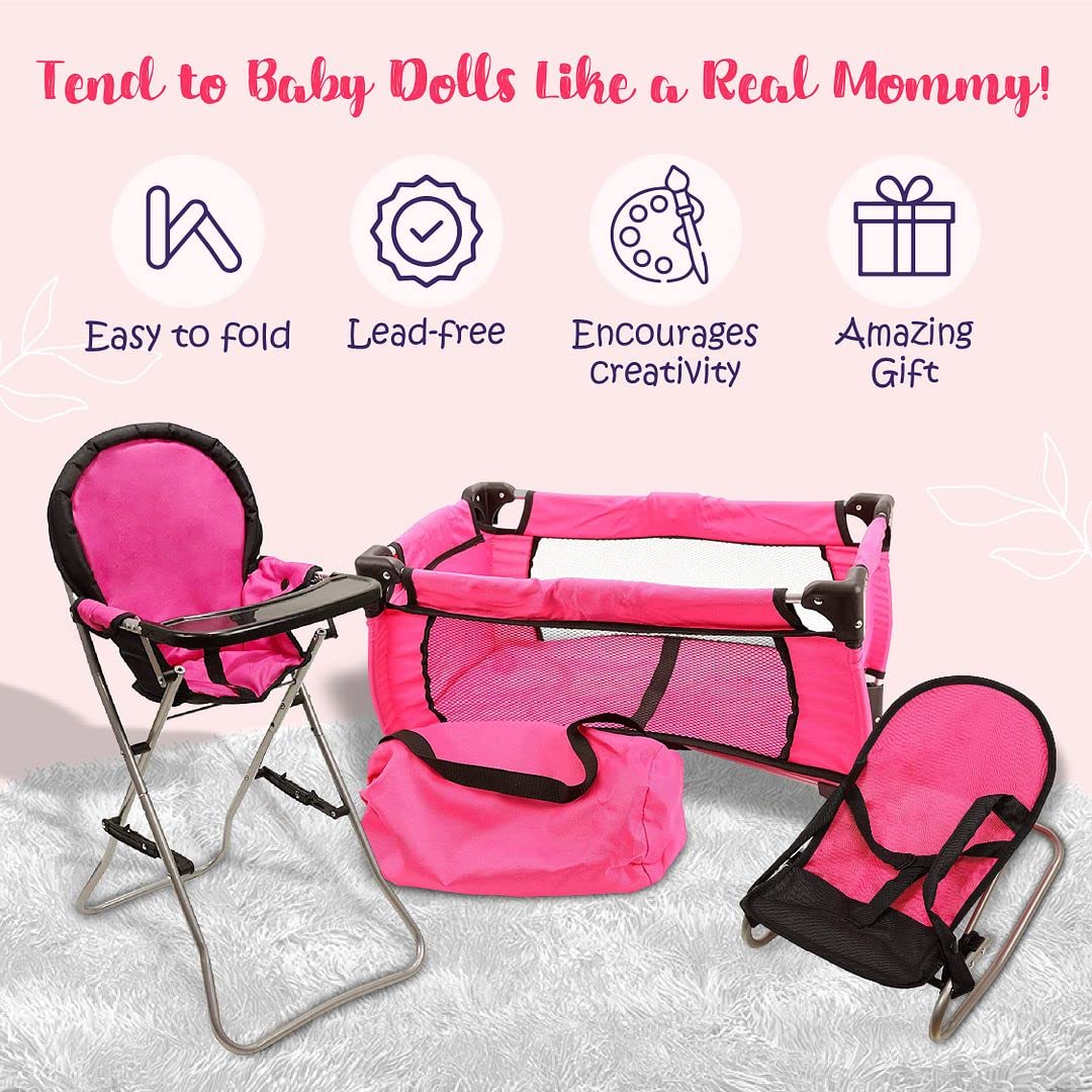Mommy & Me Pink 3-in-1 Doll Accessories Set for 18-inch Dolls – High Chair, Crib & Bouncer