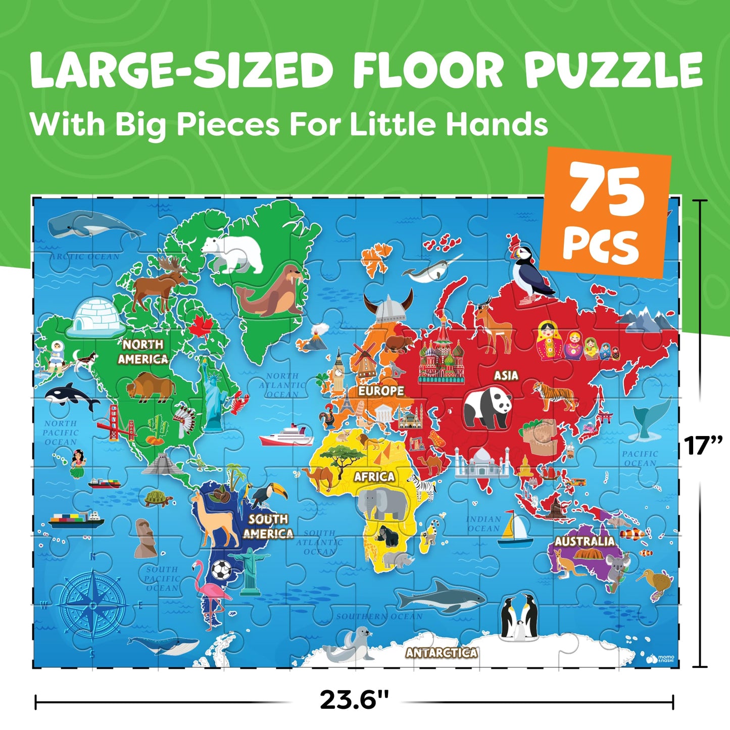 Momo & Nashi World Map Puzzle for Kids – 75 Pieces, Geography Learning Gift