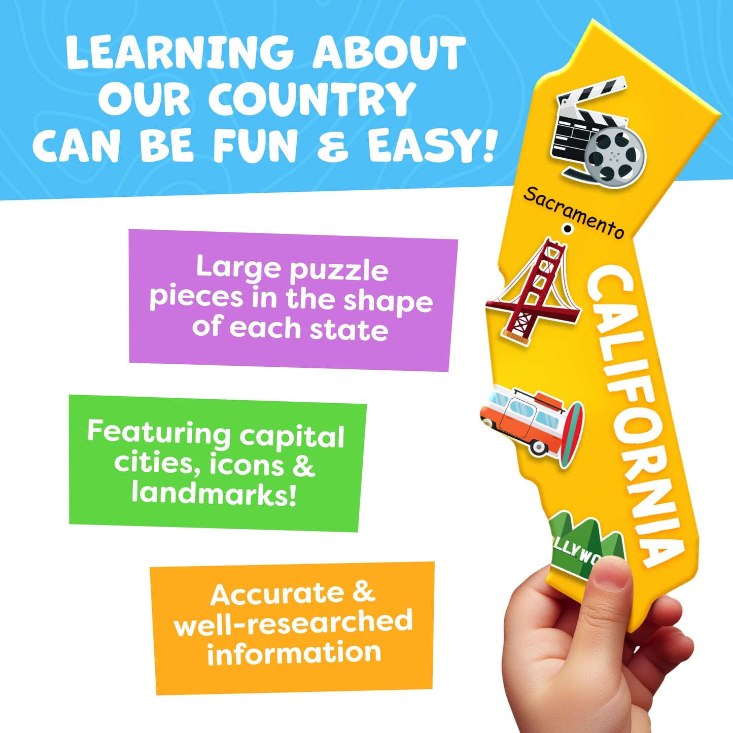 Momo and Nashi USA Map Puzzle for Kids 4-6 – 70pc Floor Puzzle (50 States & Capitals)
