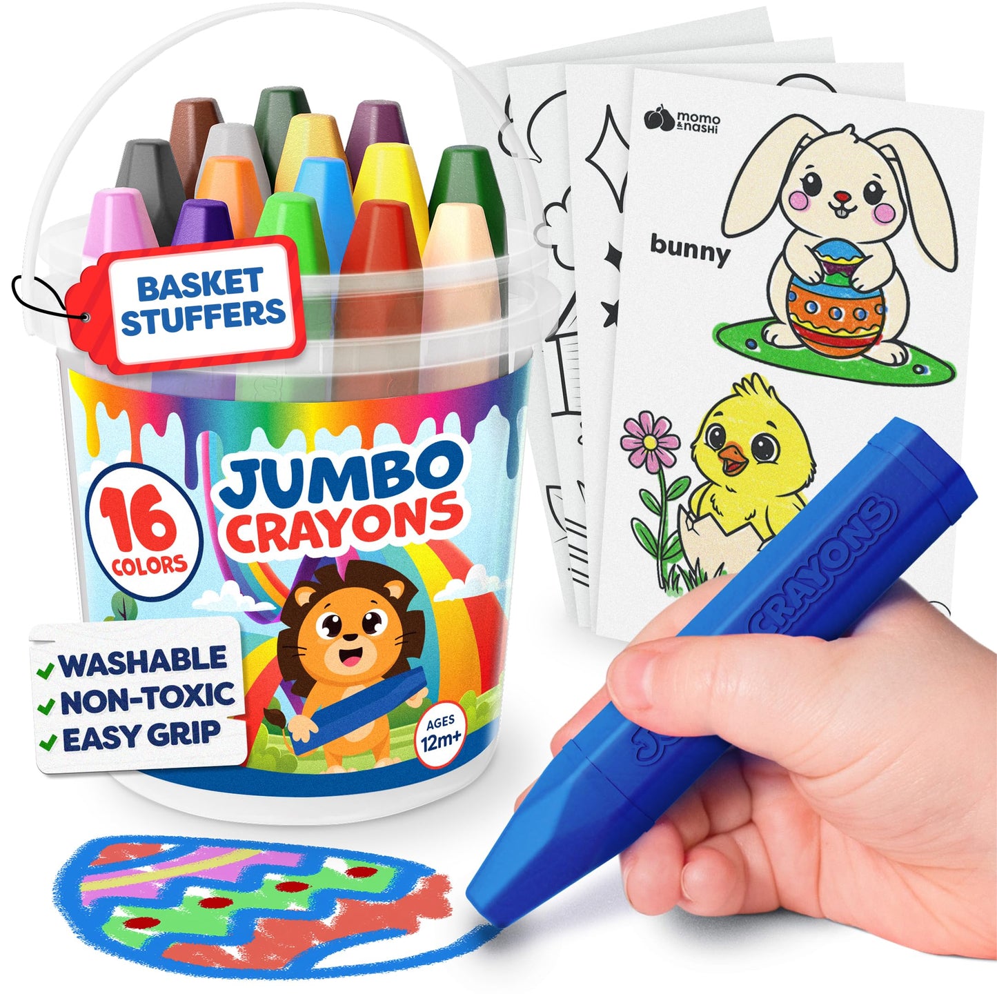 Momo & Nashi Jumbo Crayons – 16pc Toddler Coloring Set (Ages 1-3) | Non-Toxic & Washable