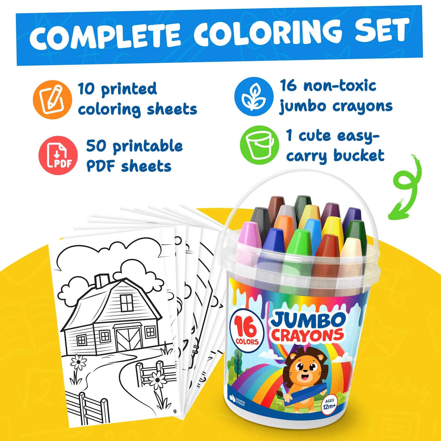 Momo & Nashi Jumbo Crayons – 16pc Toddler Coloring Set (Ages 1-3) | Non-Toxic & Washable