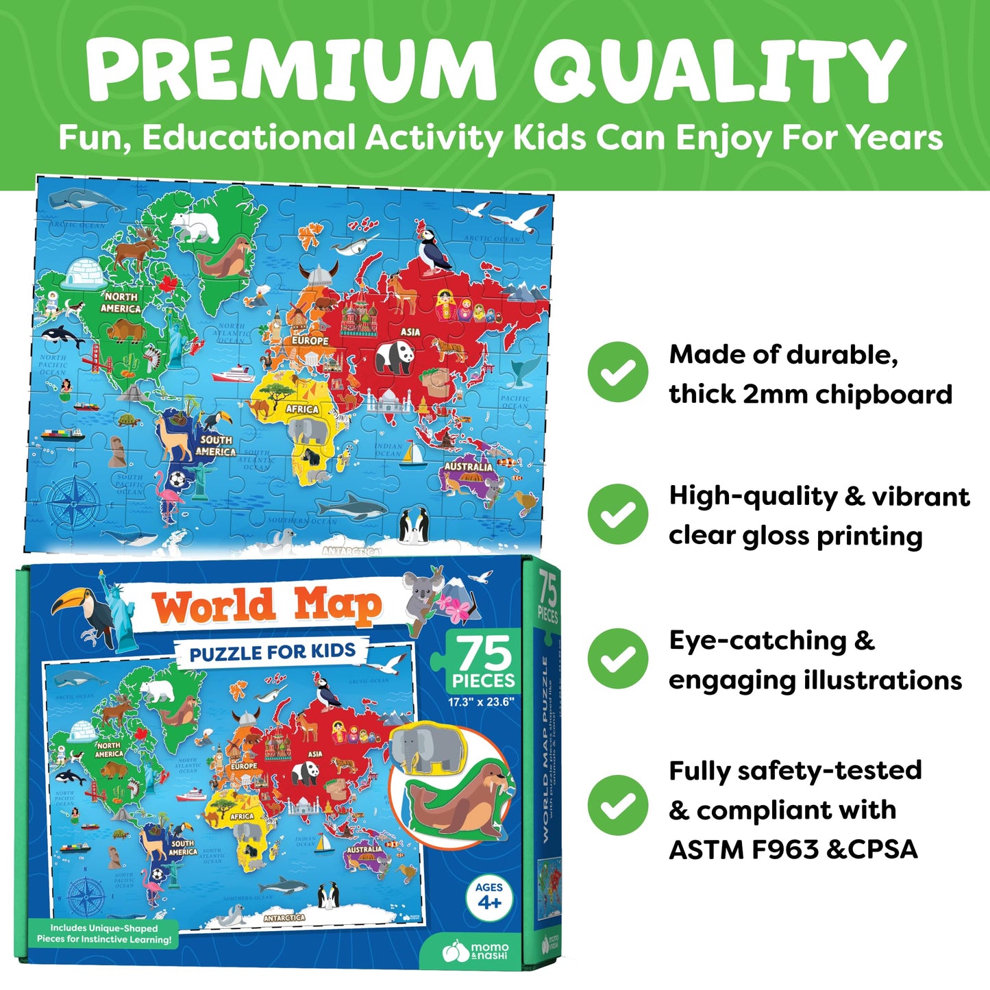 Momo & Nashi World Map Puzzle for Kids – 75 Pieces, Geography Learning Gift