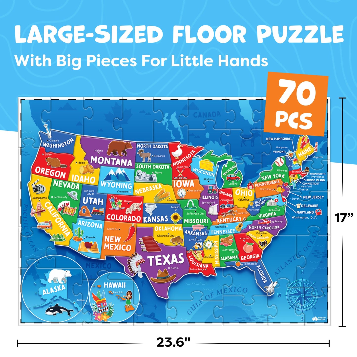 Momo and Nashi USA Map Puzzle for Kids 4-6 – 70pc Floor Puzzle (50 States & Capitals)