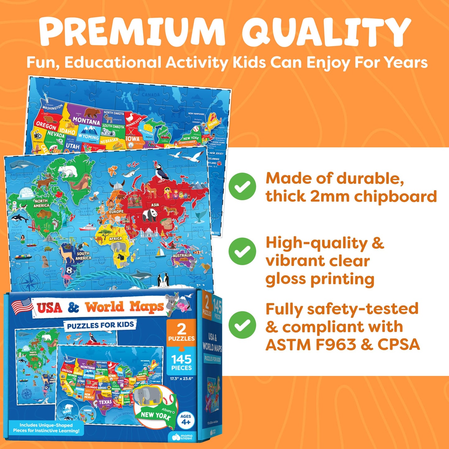 Momo & Nashi 145pc World Map & USA Puzzle for Kids 4-8