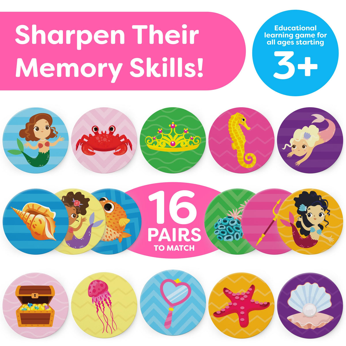 Mermaid Memory Game for Girls 4-6 – 32-Piece Matching Toy by Momo & Nashi