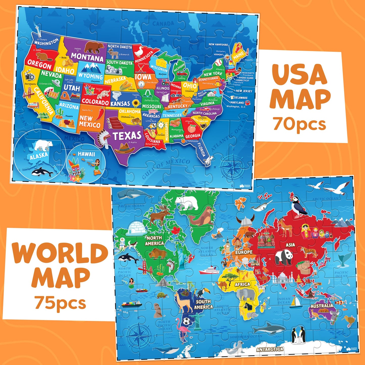 Momo & Nashi 145pc World Map & USA Puzzle for Kids 4-8